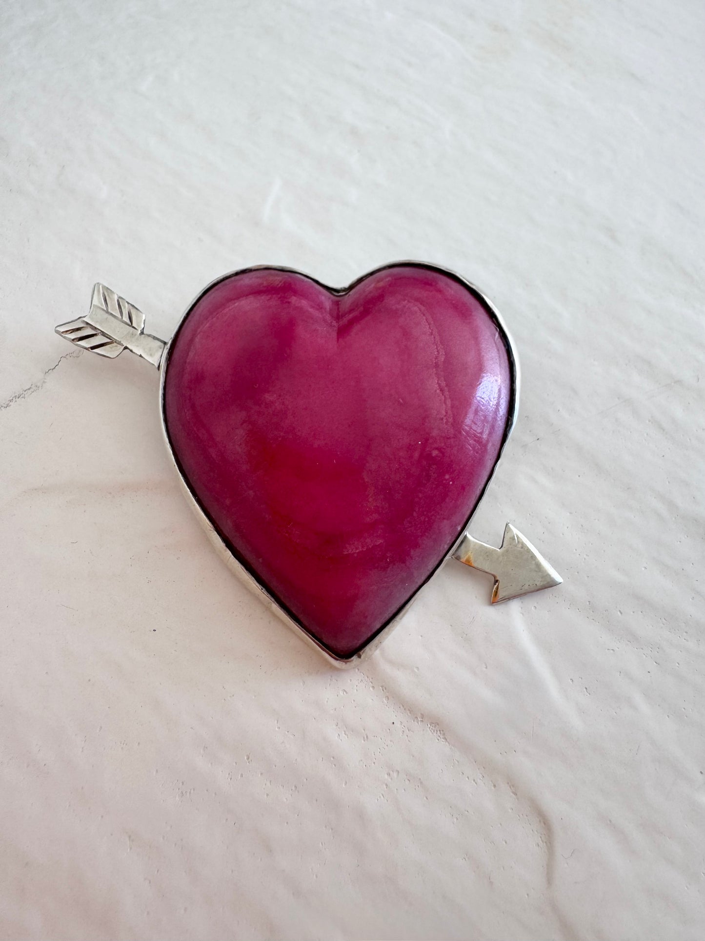 Estate Vintage Mexican Sterling Silver Rhodochrosite Heart Arrow Brooch Pin Pink Stone Valentine Love