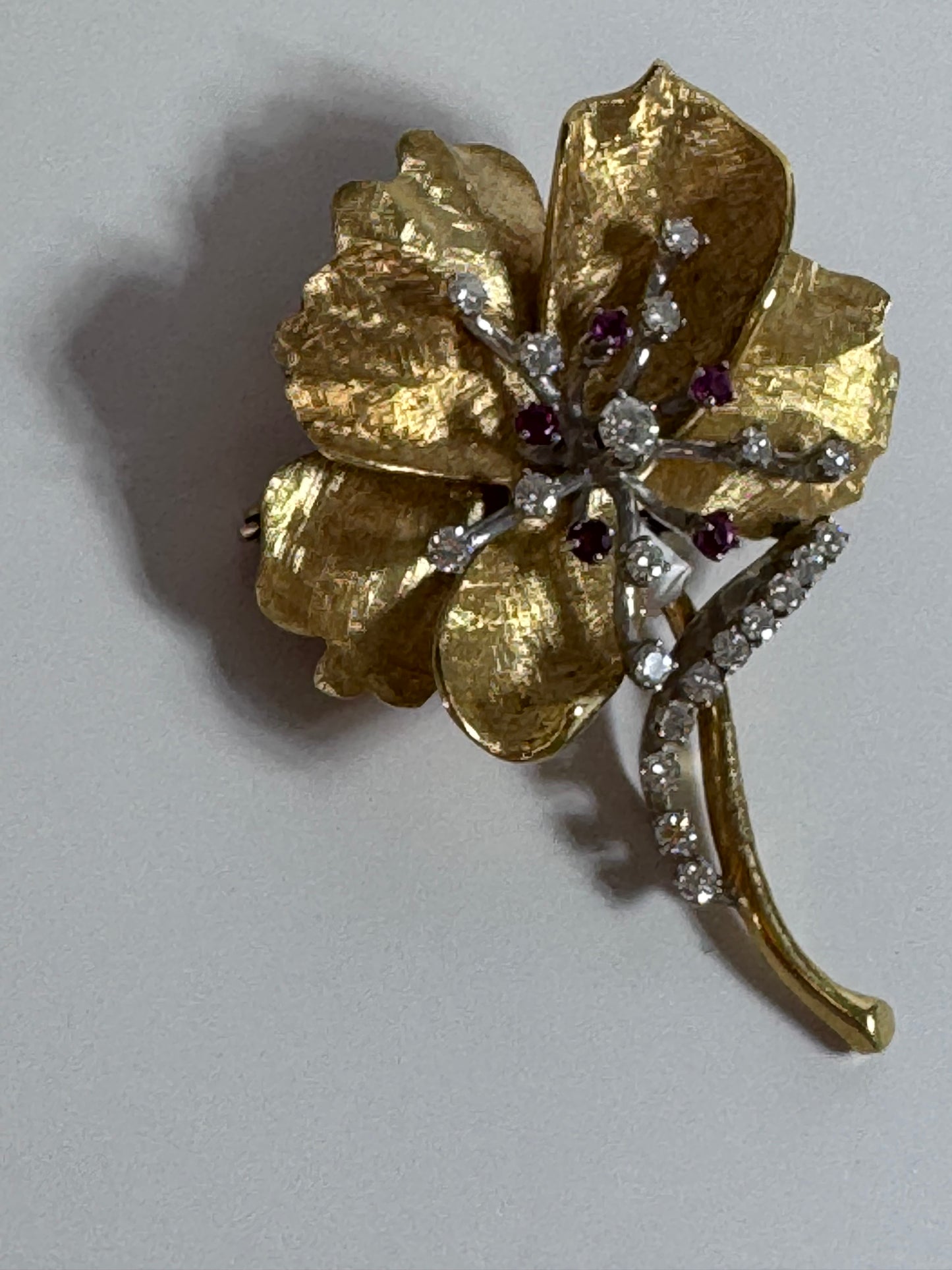 Estate 1950s 18K Gold Ruby Diamond Flower Brooch Pendant