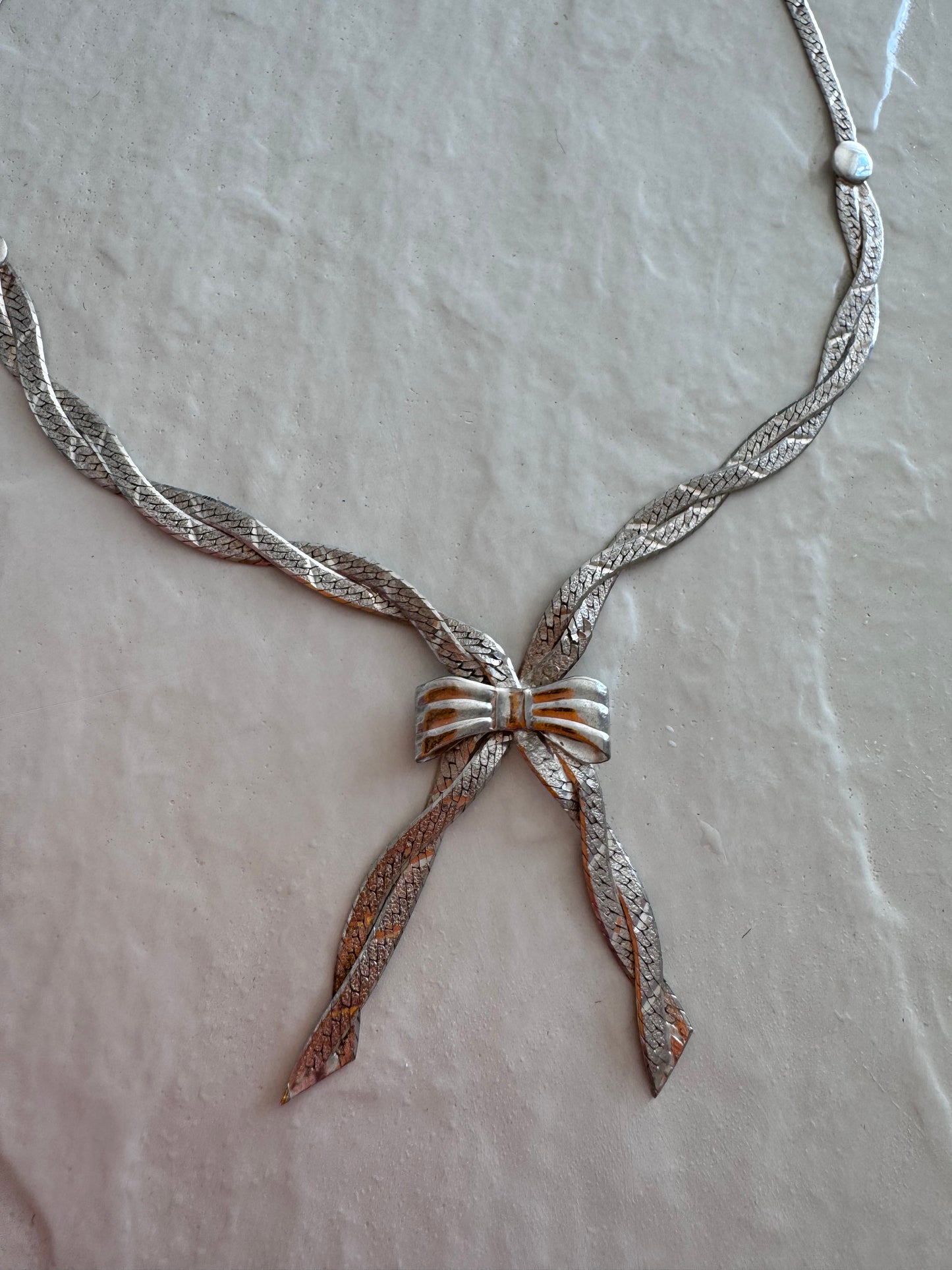 Vintage Sterling Silver Herringbone Chain Bow Necklace 18 Inches