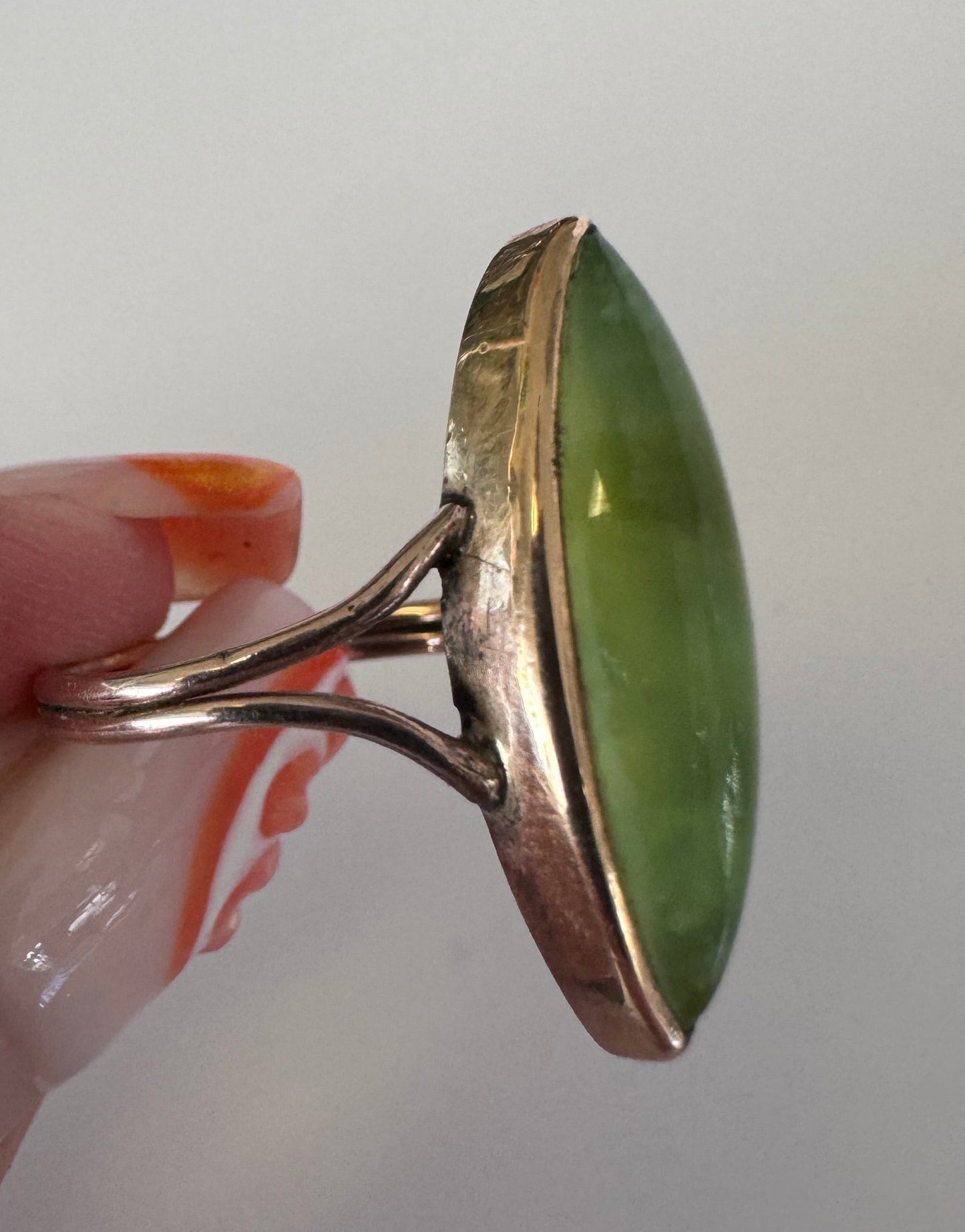 Vintage 9K Gold Jade Navette Ring Marquise Shape Jade