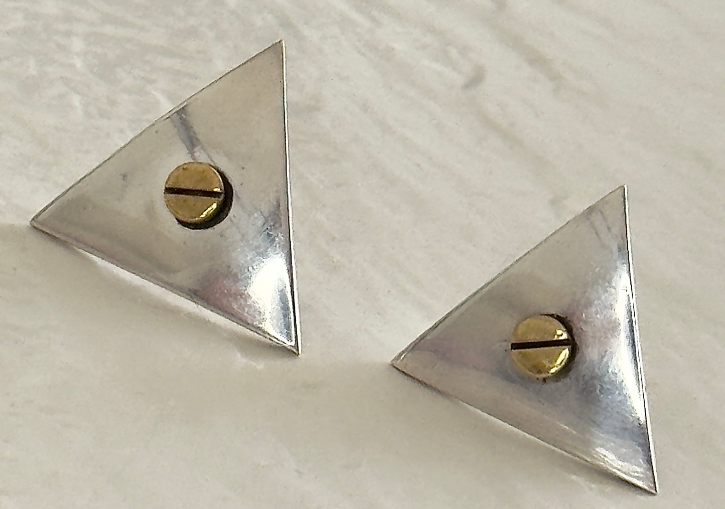 Vintage Estate Mexican Modernist Sterling Silver & Brass Triangle Screw Earrings - Taxco Hallmarked Post Modern Geometric Design