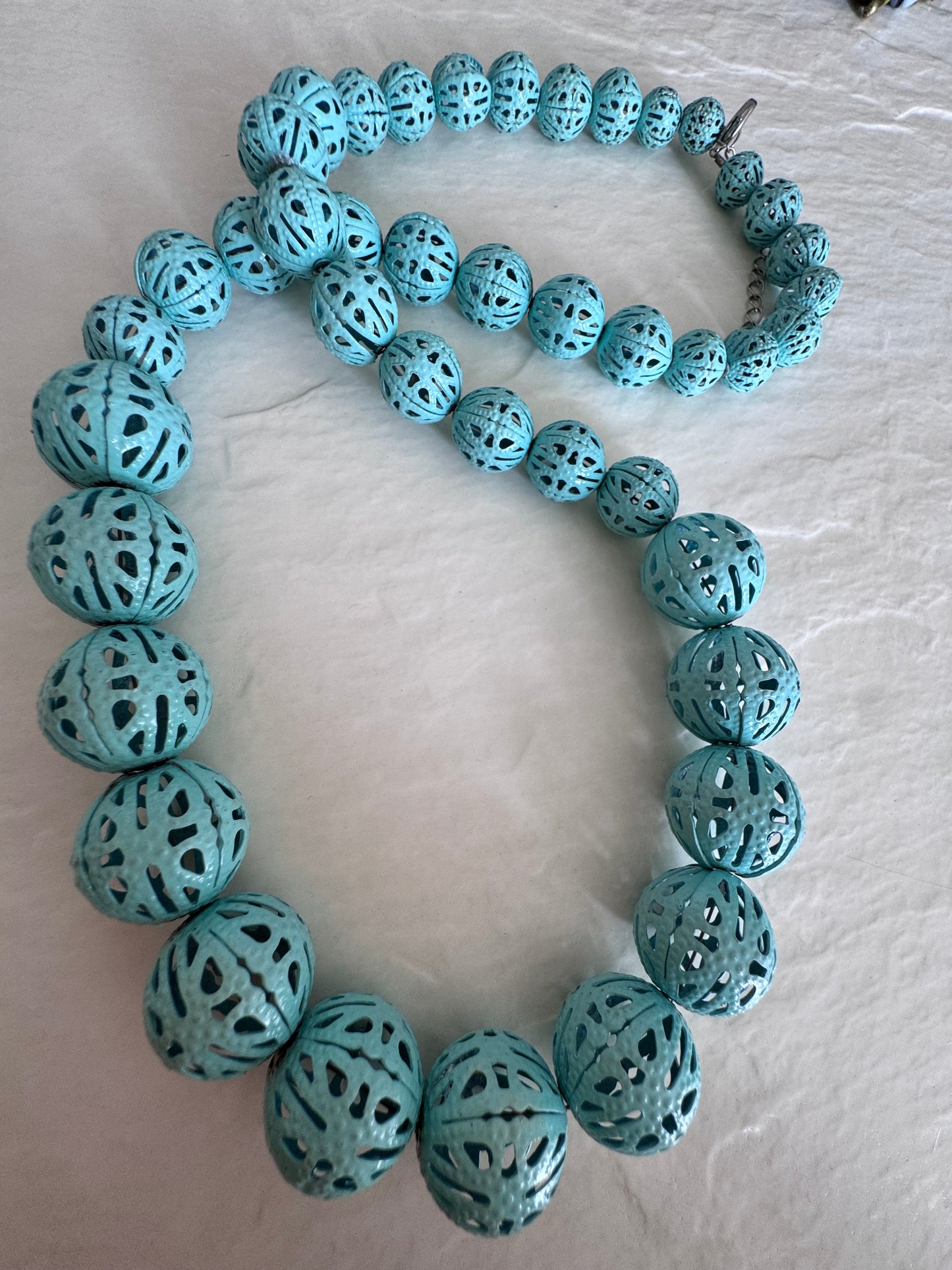 Vintage Turquoise Metal Filigree Bead Necklace Graduated