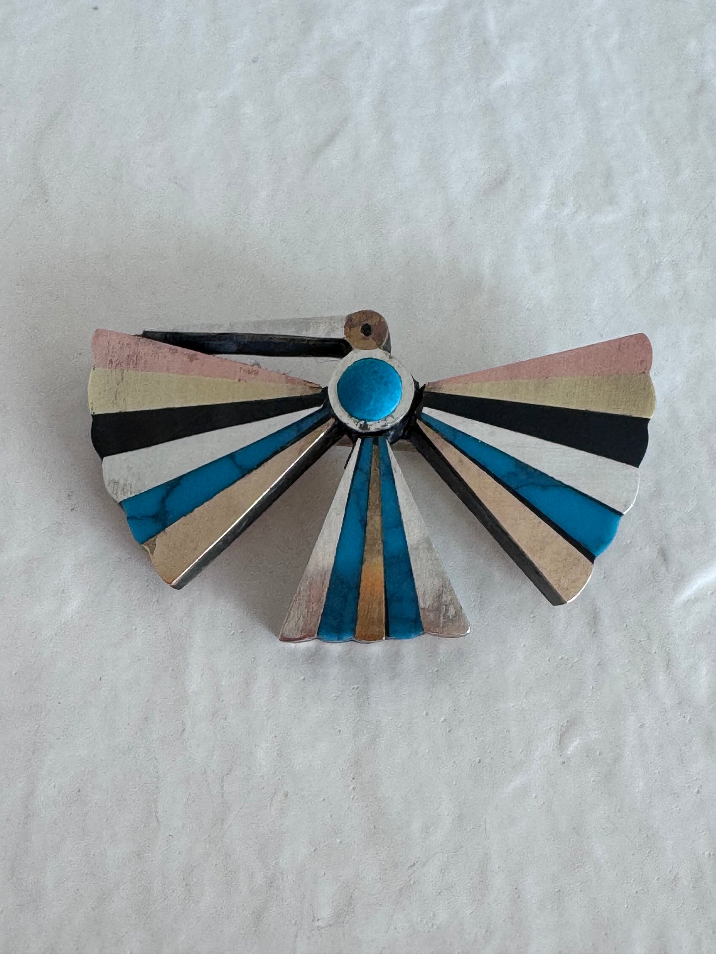 Vintage Estate Mexican Modernist Tono Piedra Negra Inlay Bird Brooch - Sterling Silver