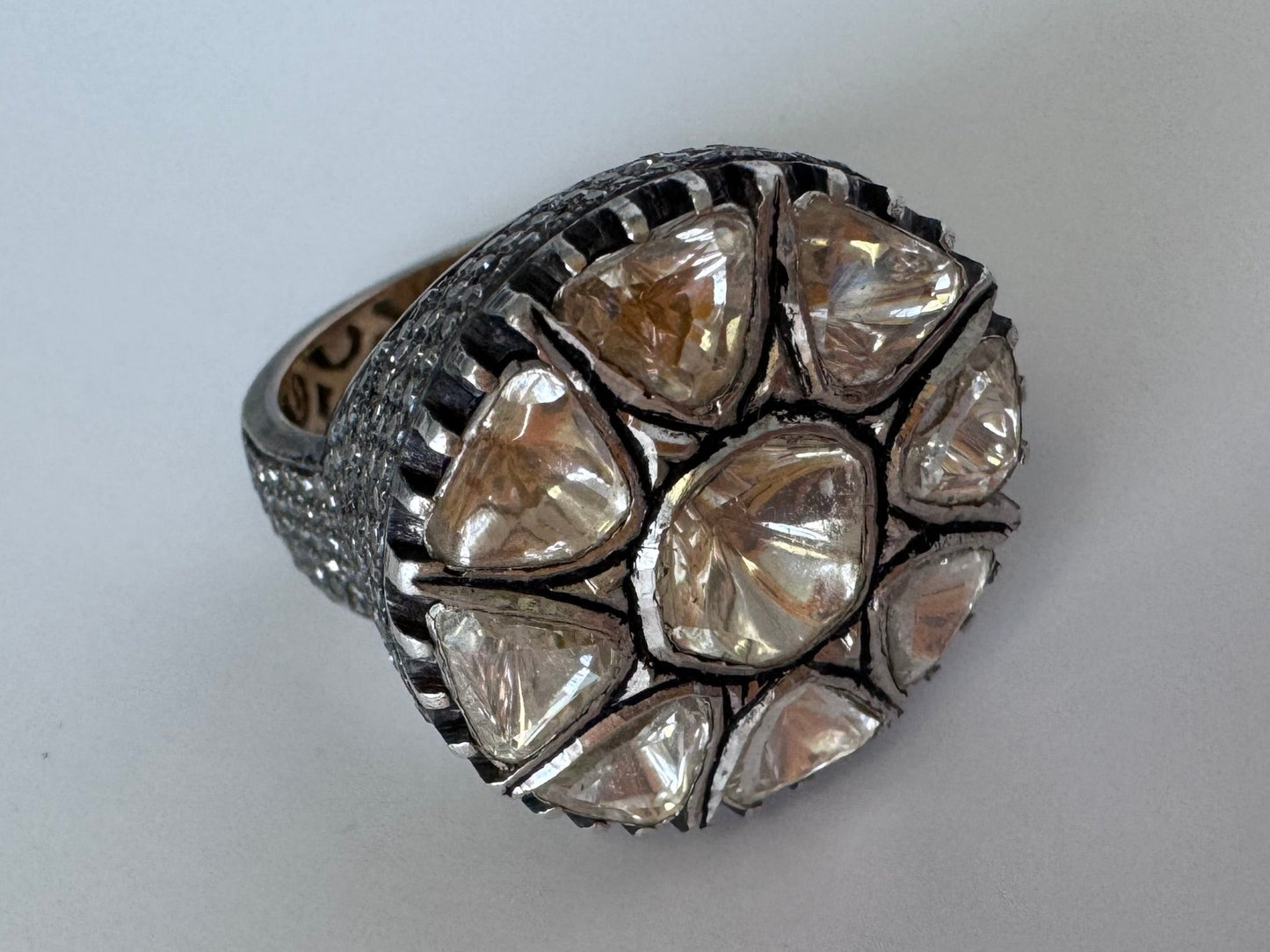 Estate sterling silver Polki rose cut diamond flower ring traditional Indian Mughal style uncut diamonds