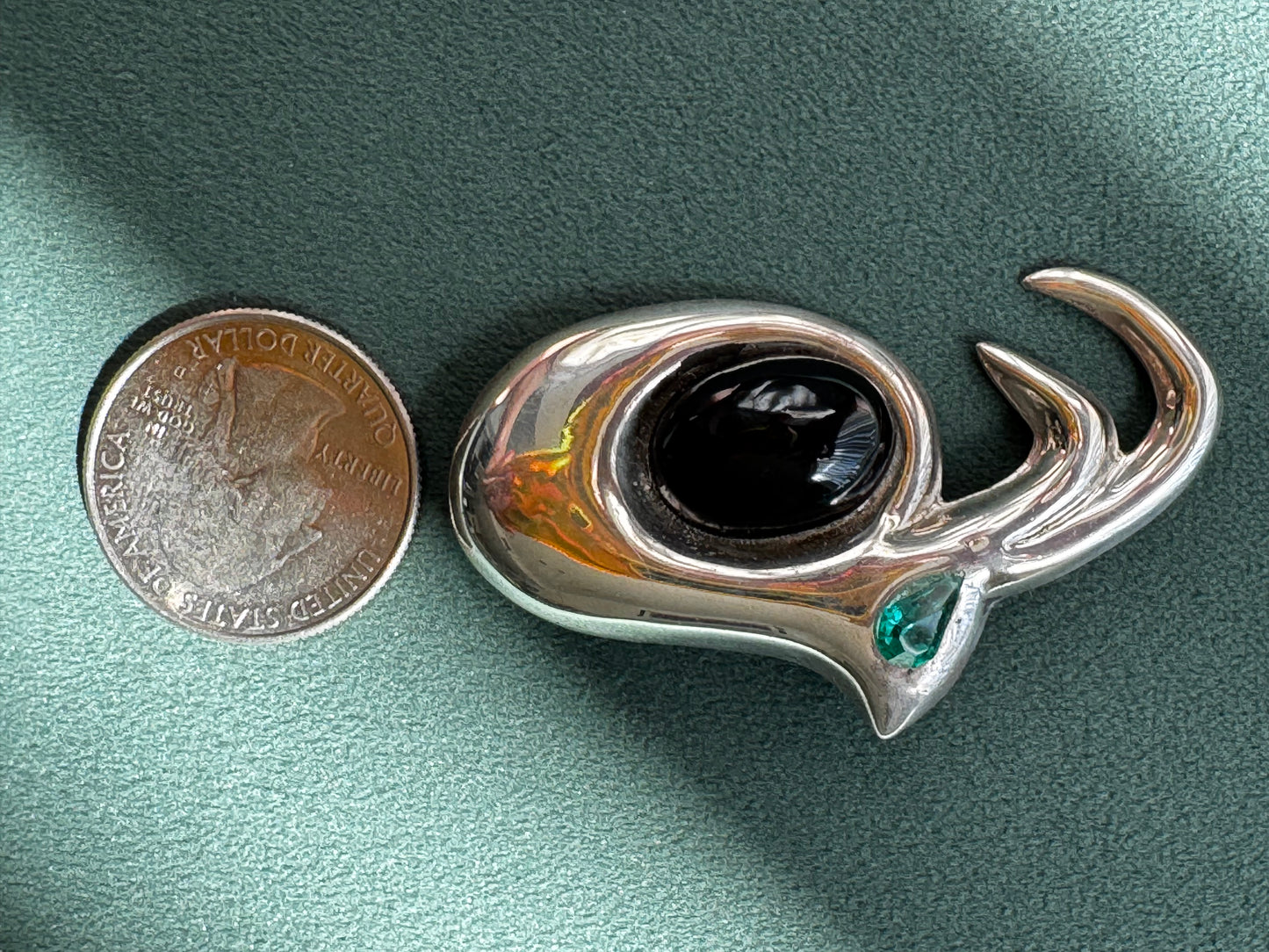 Vintage Sterling Silver Modernist Biomorphic Brooch Black Onyx and Teal Stone Mexico 1980s