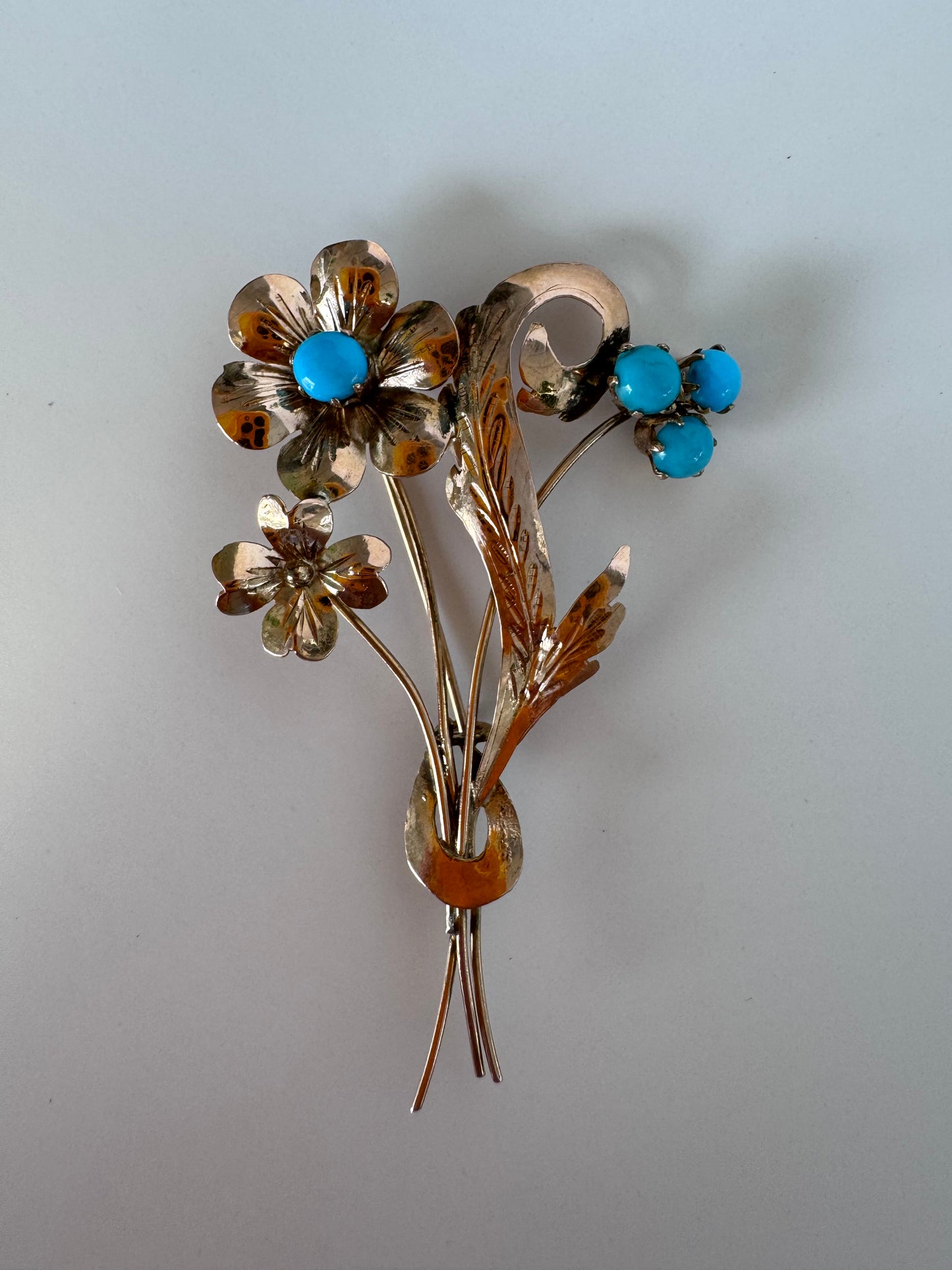1940s estate rose gold floral brooch with turquoise cabochons, vintage dimensional flower pin jewelry