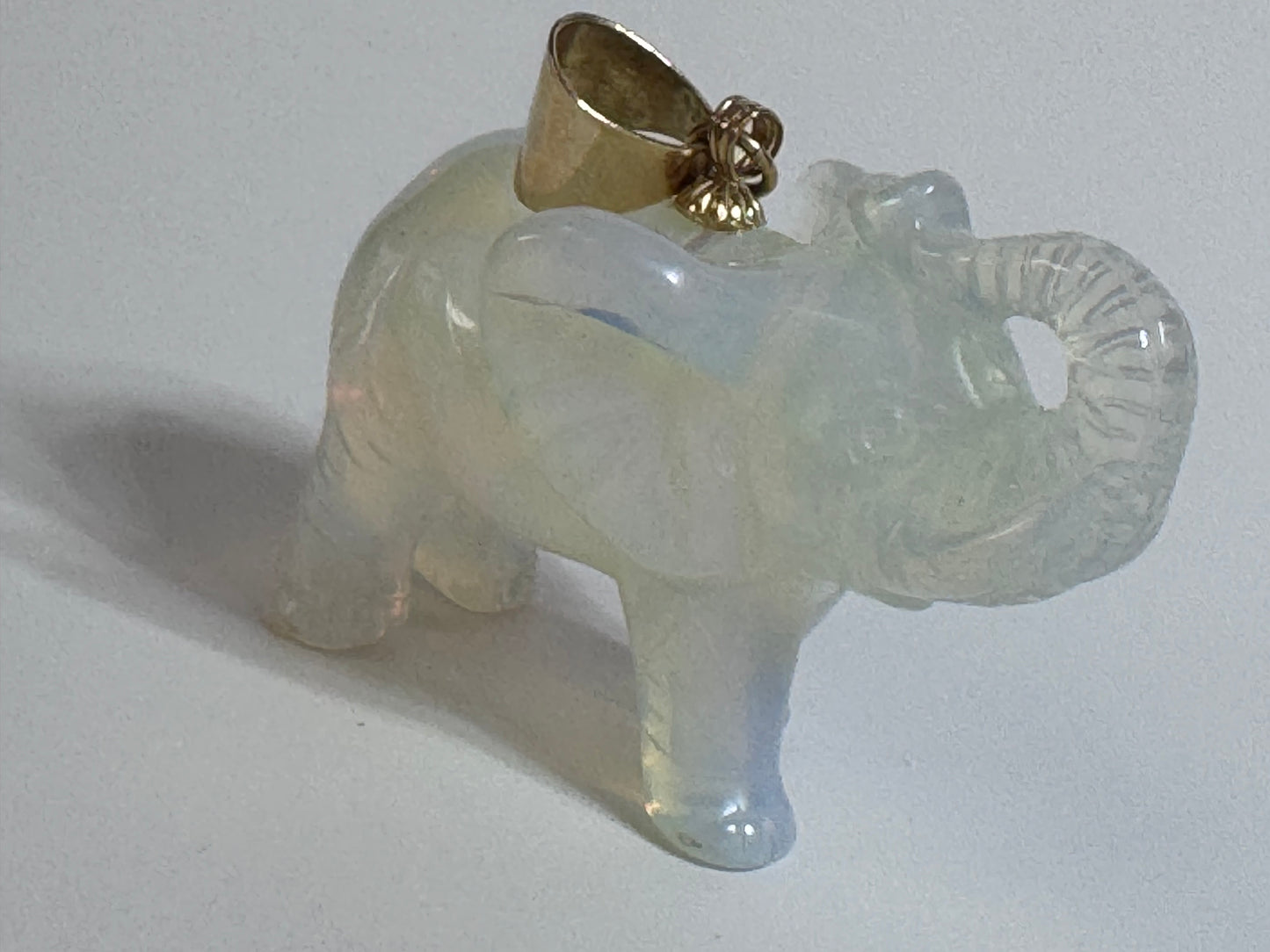 Estate Large Hand Carved Opal Elephant Pendant 14K Gold Good Luck Charm