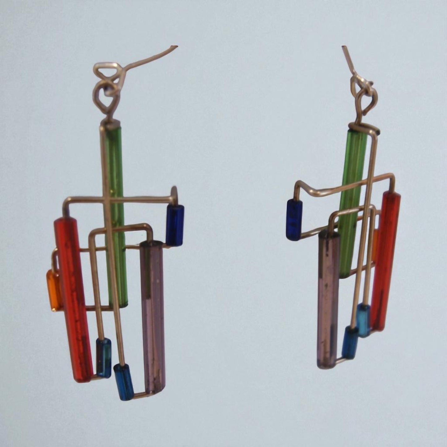 Estate Artist Made Modernist Mondrian 14K Gold Rainbow Maze Earrings