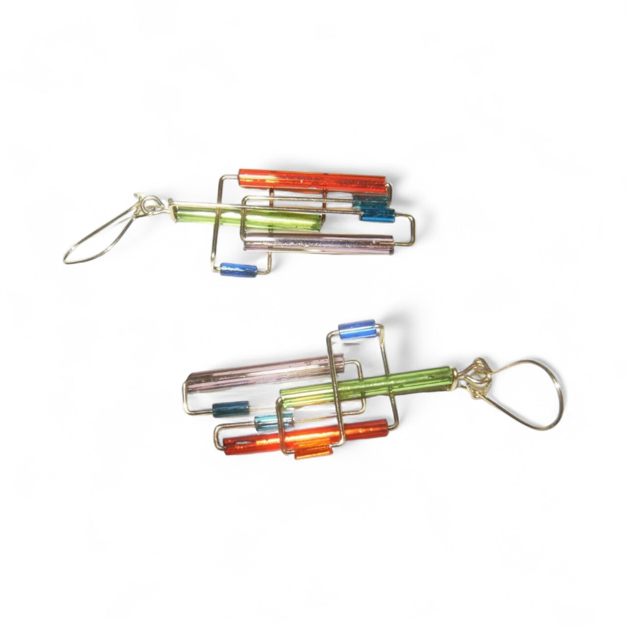 Estate Artist Made Modernist Mondrian 14K Gold Rainbow Maze Earrings