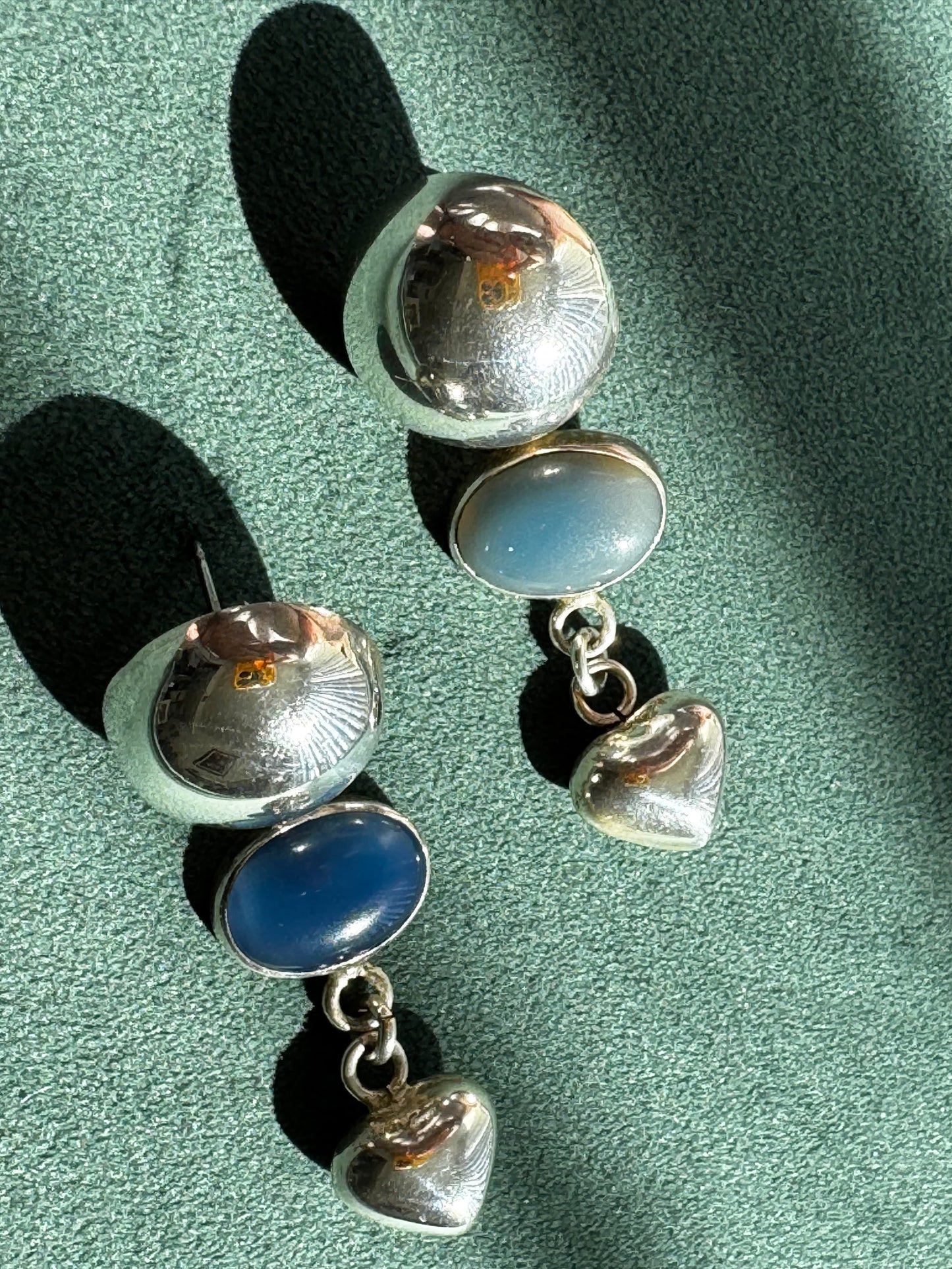 Vintage Taxco Mexico Sterling Silver Dome Chalcedony Heart Drop Earrings Y2K Romantic Three Element Dangle TM 925