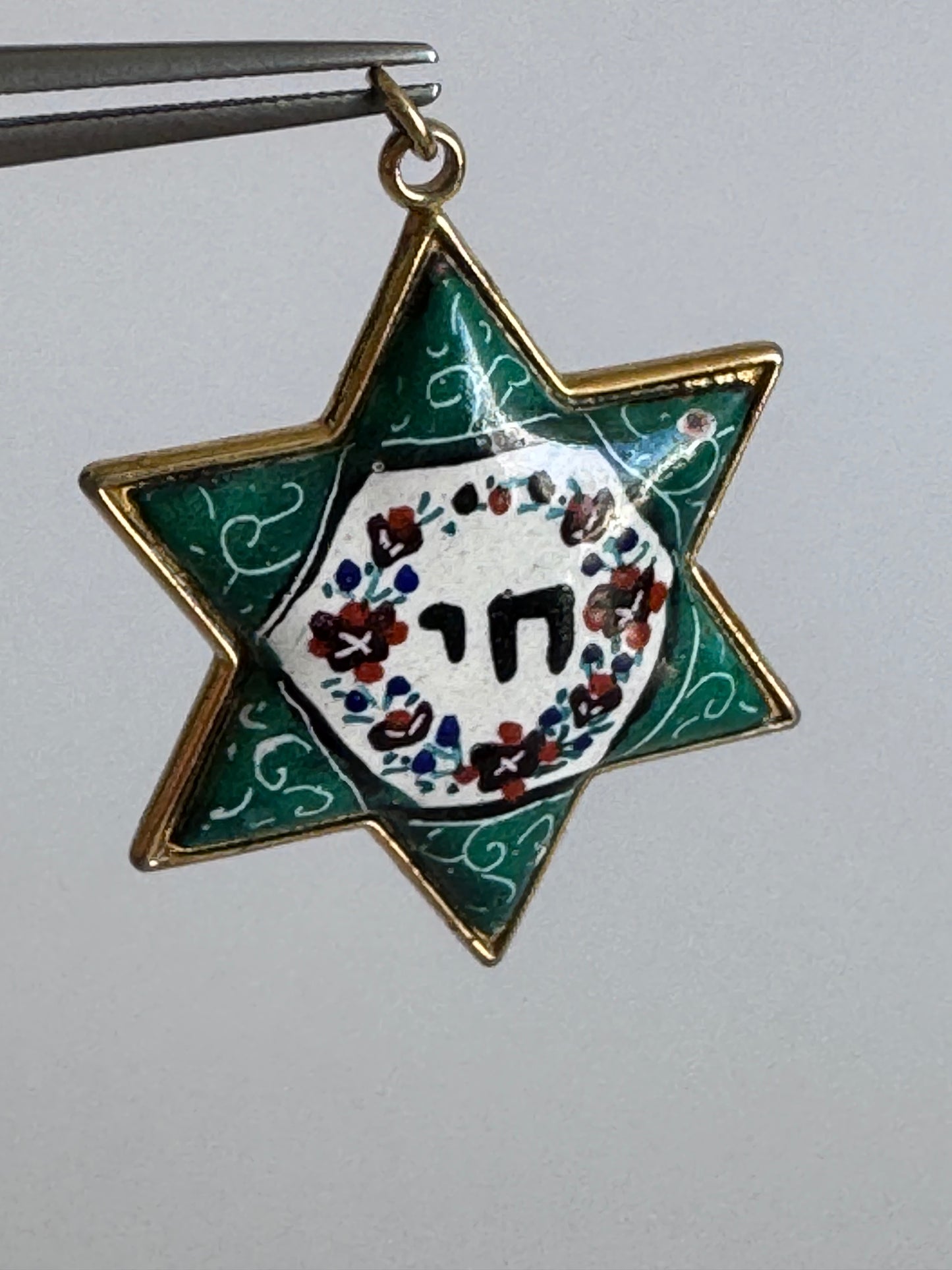 Vintage Enamel Star of David Pendant Gold Plated Hebrew Chai Floral Design
