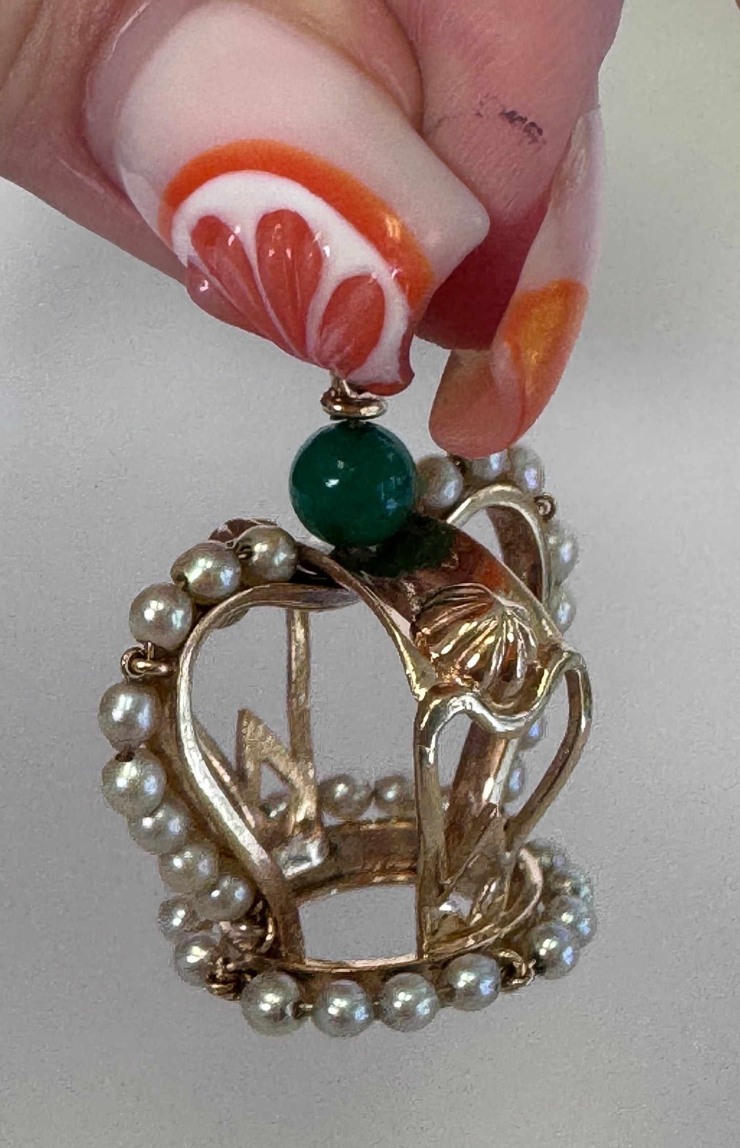 Mid Century Vintage 14K Gold Crown Pendant Natural Jade Pearl Accents Royal Design