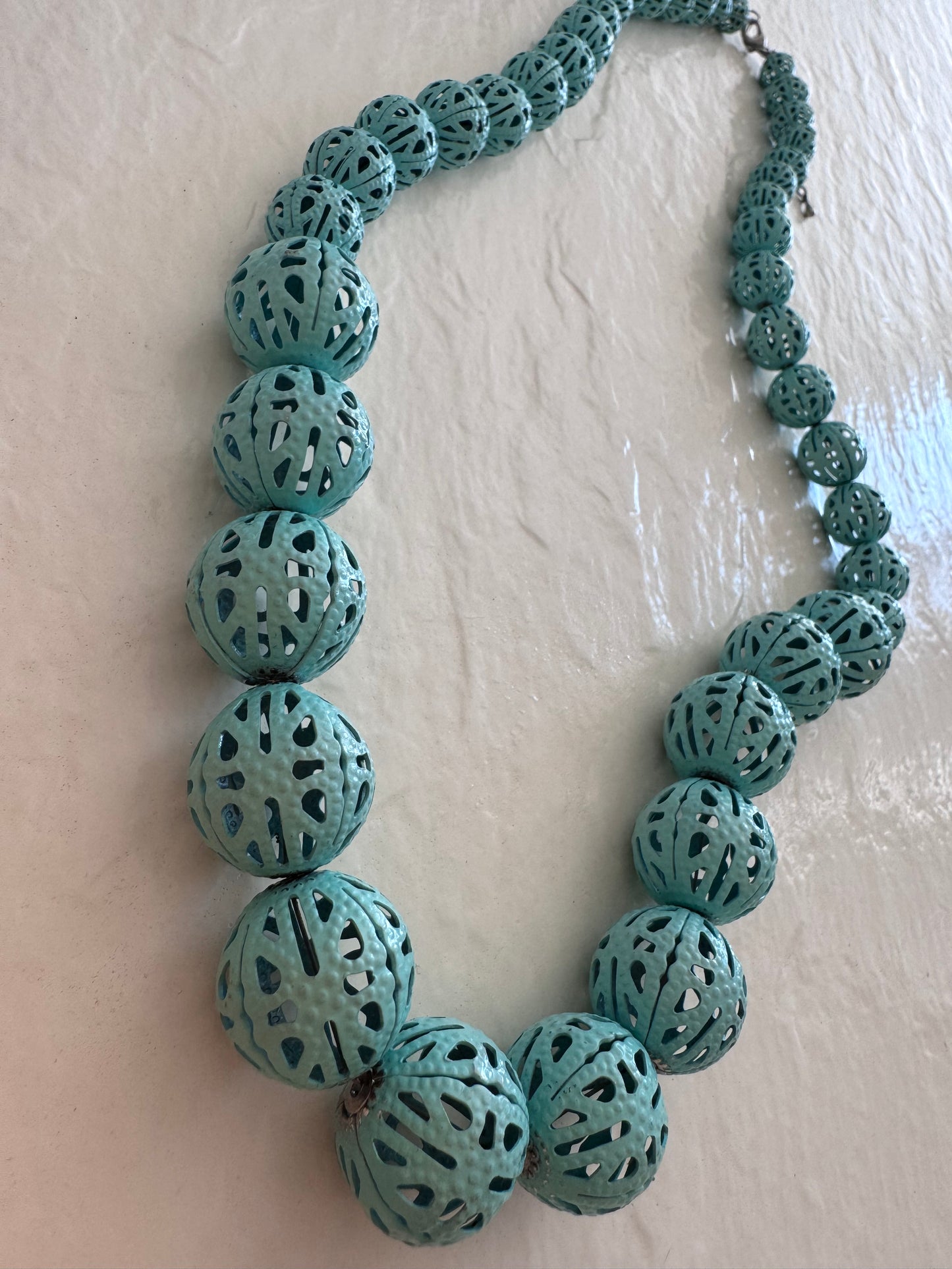 Vintage Turquoise Metal Filigree Bead Necklace Graduated