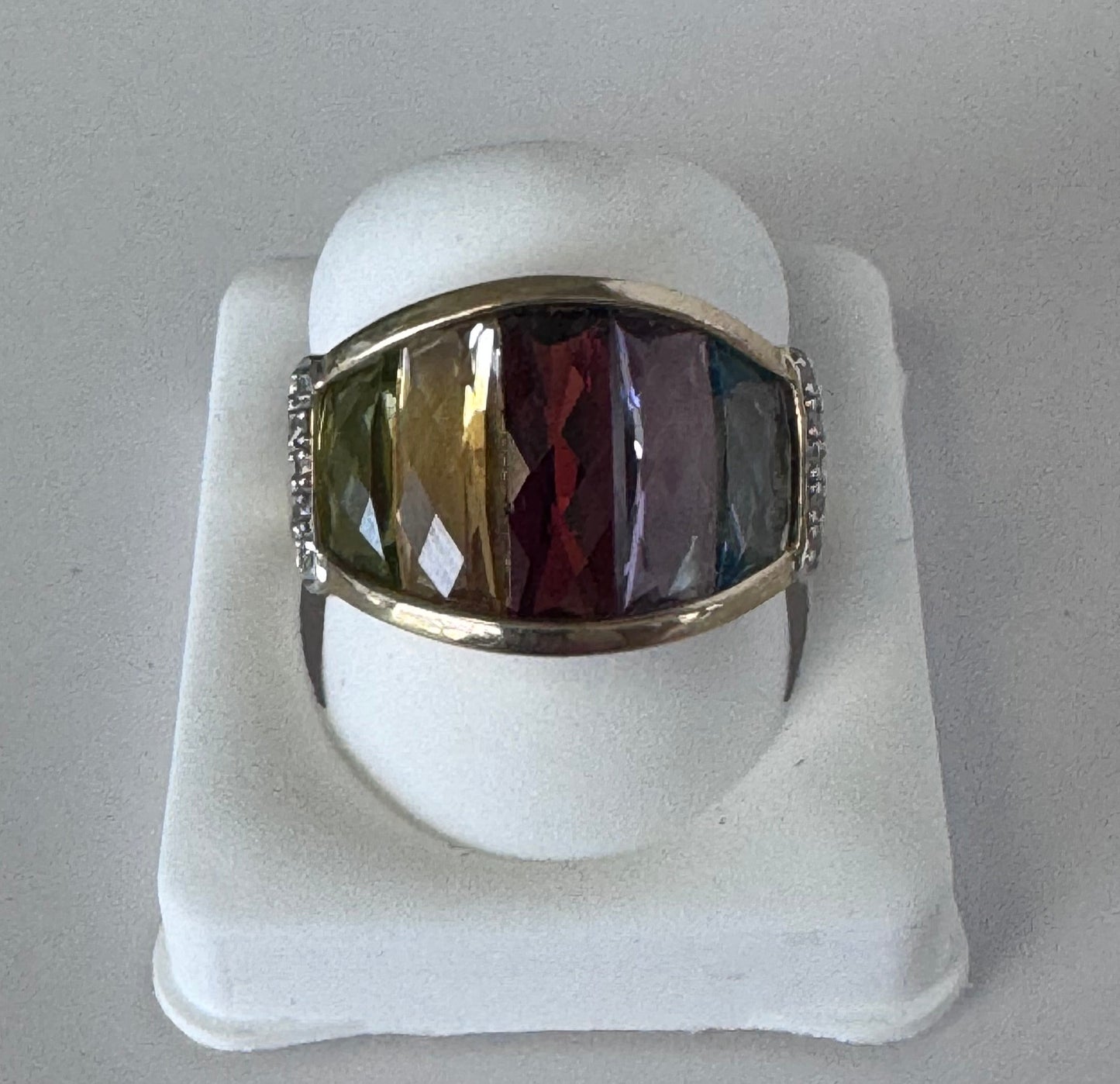 Estate 10K Gold Rainbow Multicolor Gemstone Shield Ring