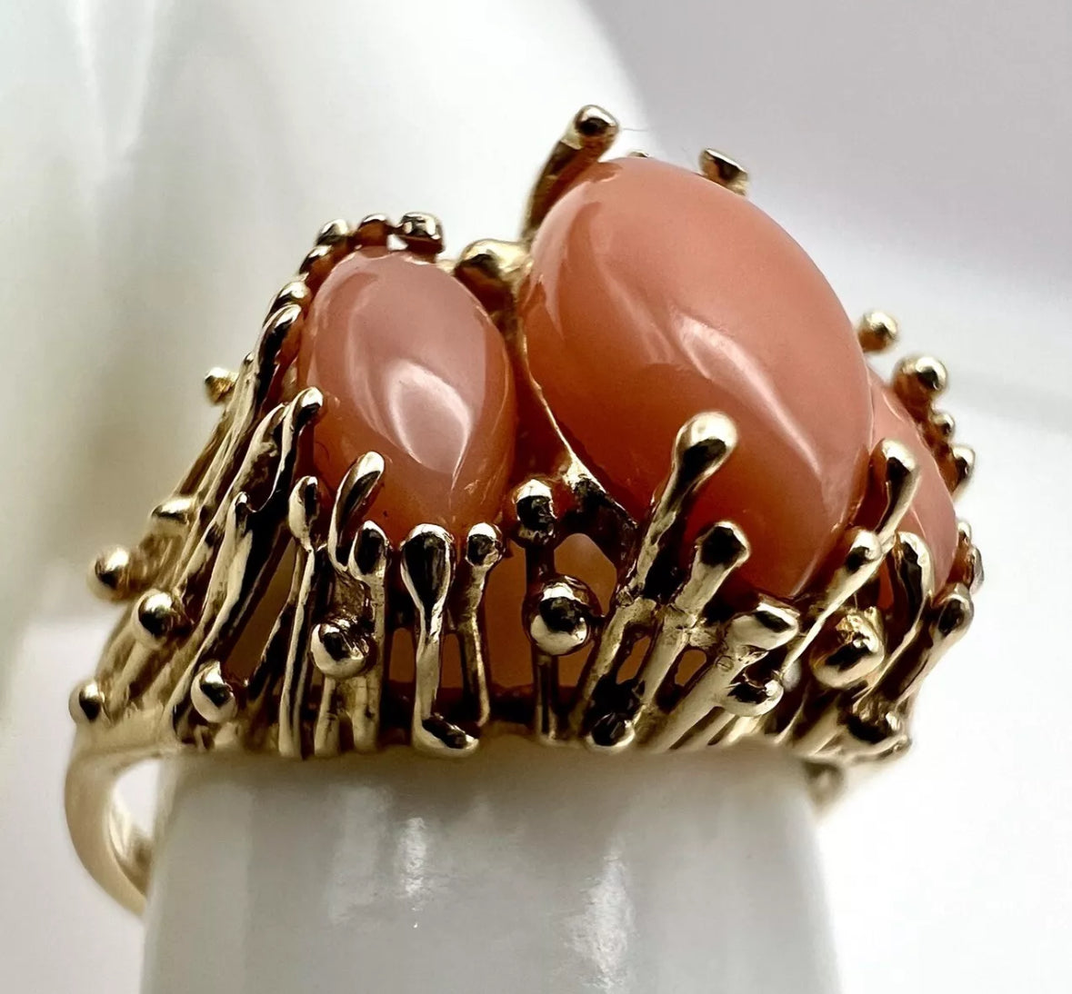 Vintage Estate 14K Gold Brutalist Coral Ring Mid Century Modern