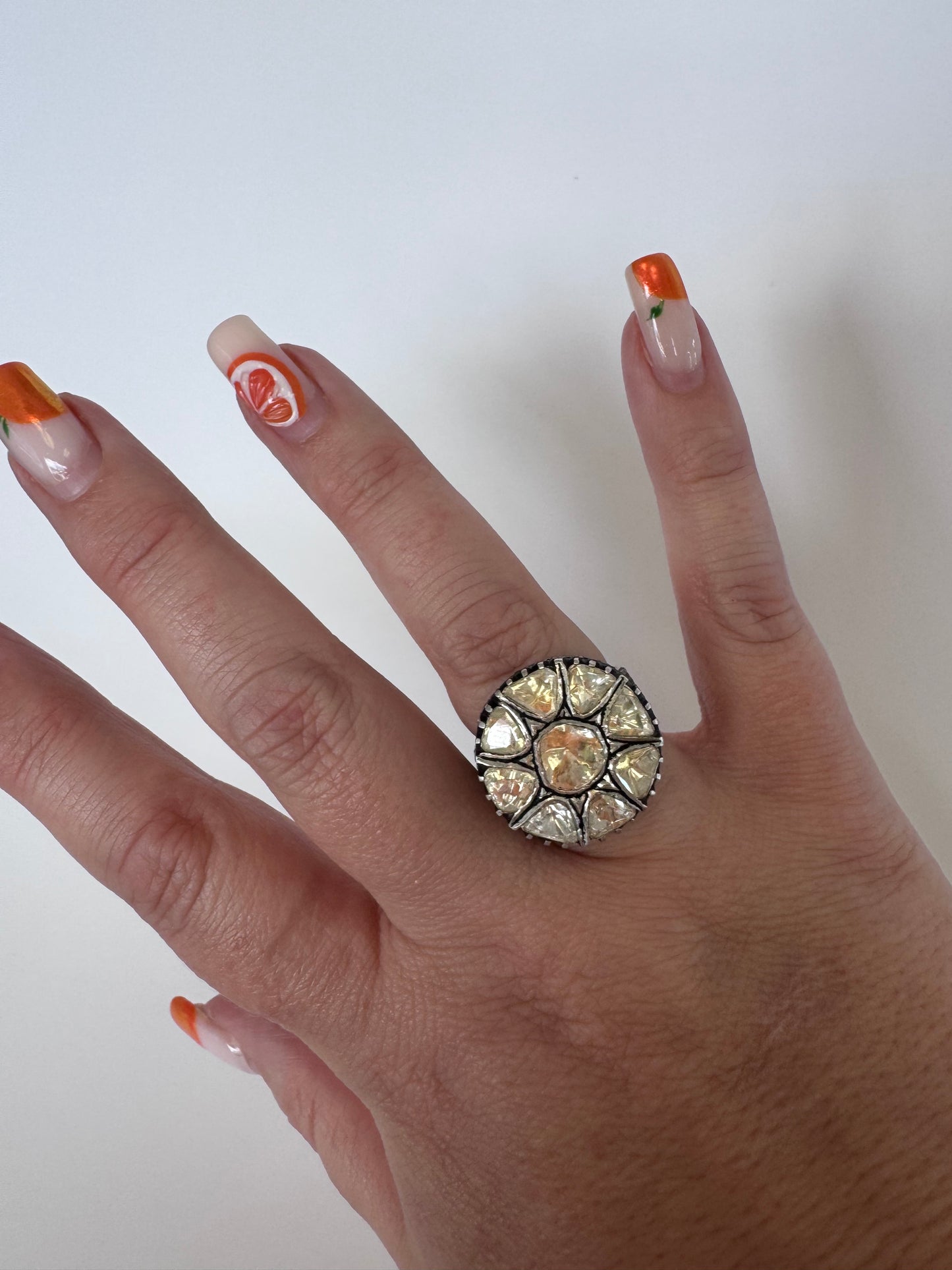 Estate Sterling Silver Polki Rose Cut Diamond Flower Ring Traditional Indian Mughal Style
