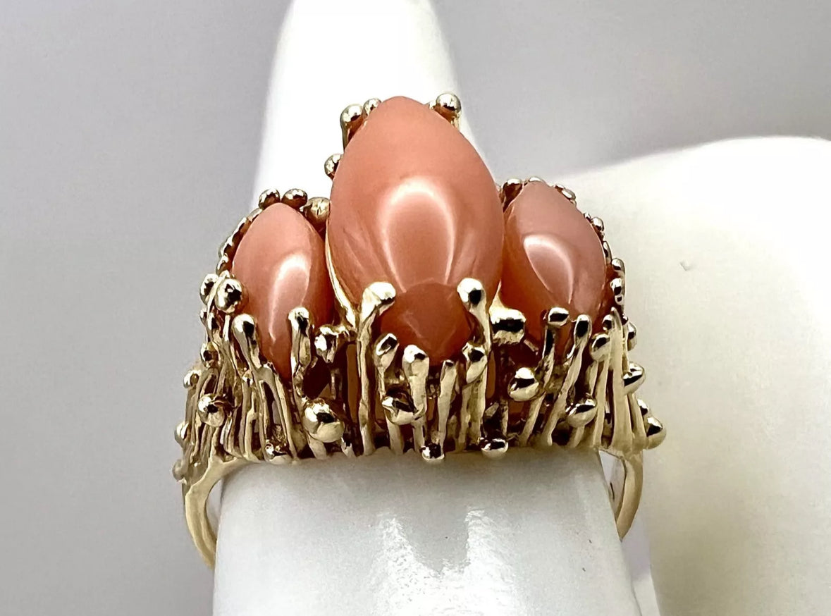 Vintage Estate 14K Gold Brutalist Coral Ring Mid Century Modern