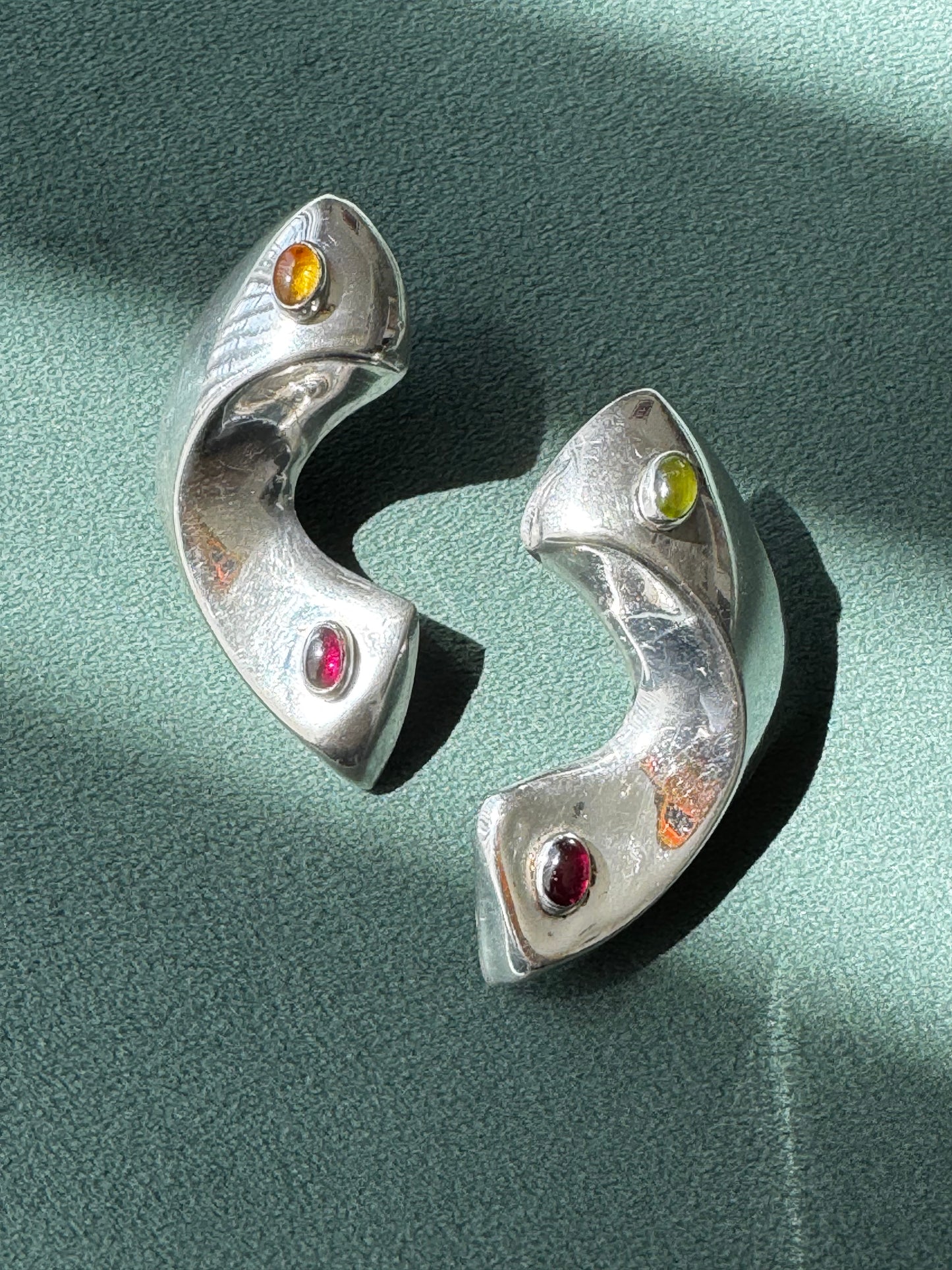 Vintage Y2K 1990’s Silver Sculptural Crescent Earrings Garnet Citrine Peridot Modernist Statement