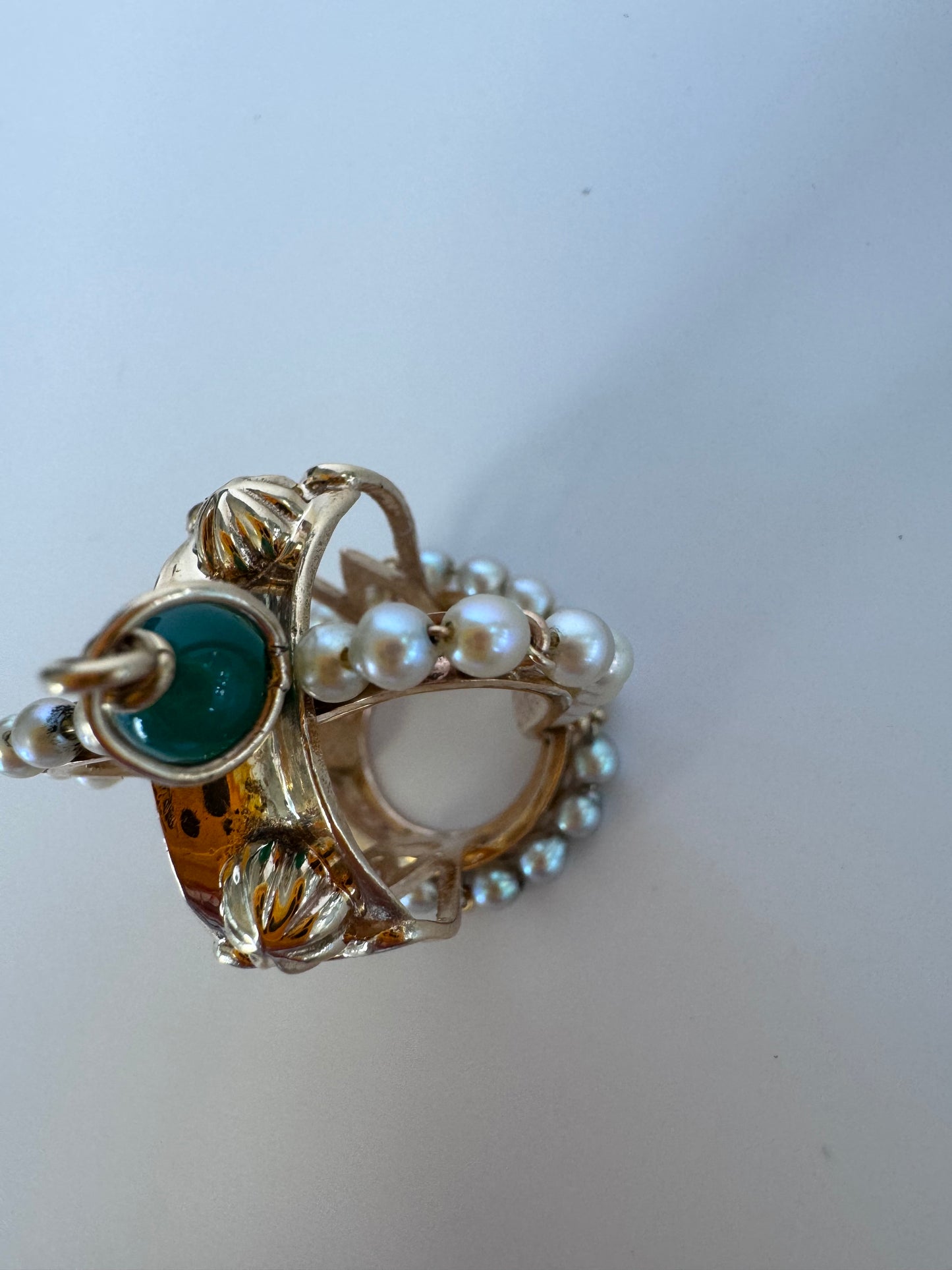 Mid Century Vintage 14K Gold Crown Pendant Natural Jade Pearl Accents Royal Design