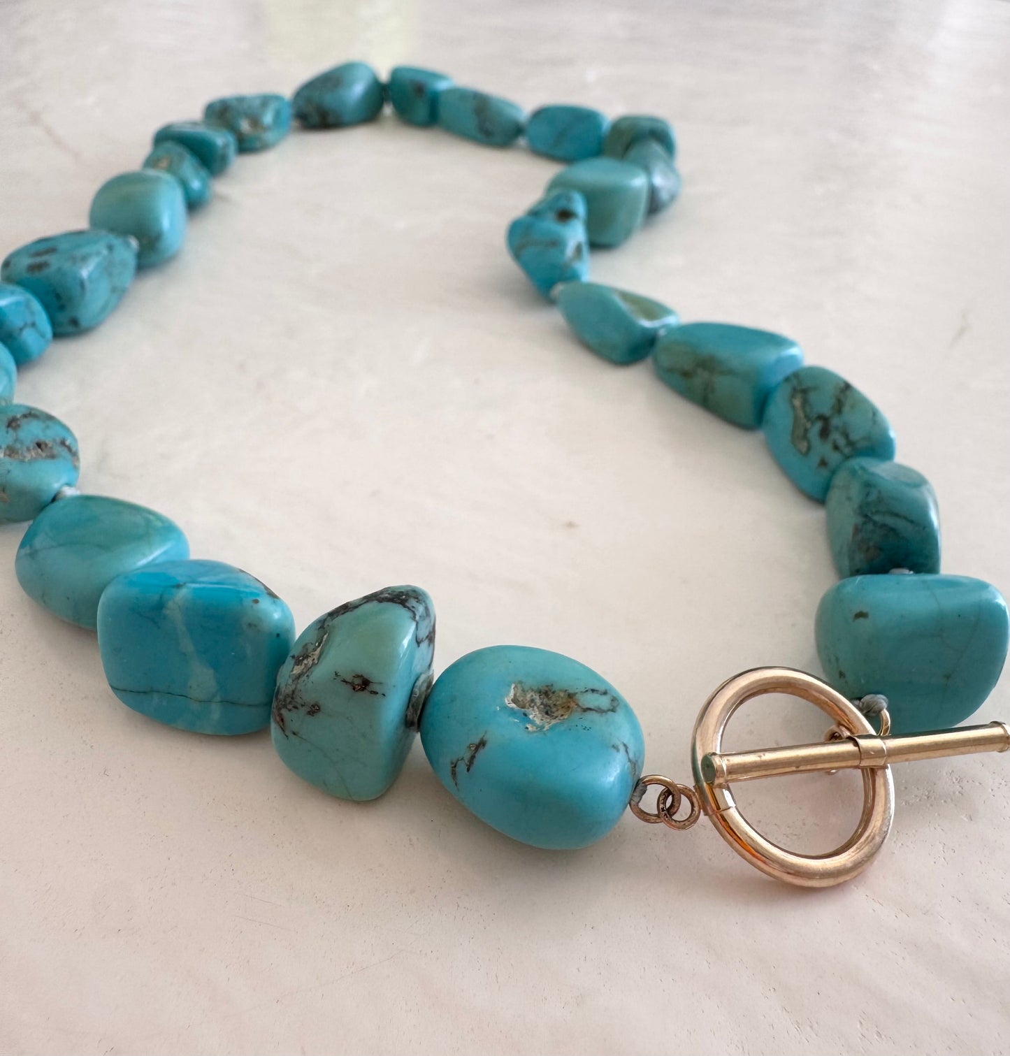 Vintage Genuine Turquoise Chunky Statement Necklace with 14K Gold Toggle Clasp - Natural Stone Beaded Choker