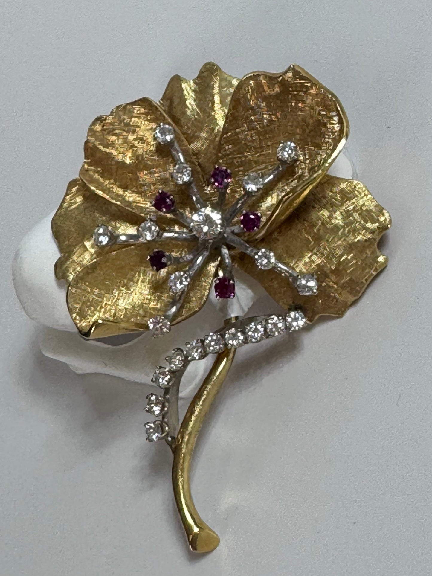 Estate 1950s 18K Gold Ruby Diamond Flower Brooch Pendant