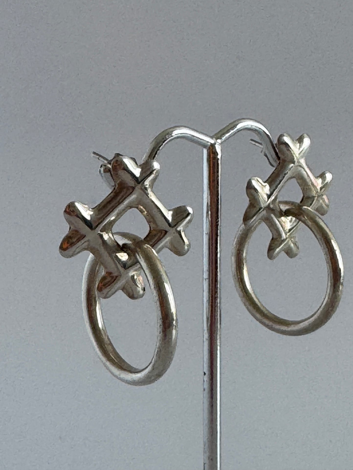 Estate Vintage 1980s Sterling Silver X's and O's Dangle Earrings Abstract Hugs Kisses Design