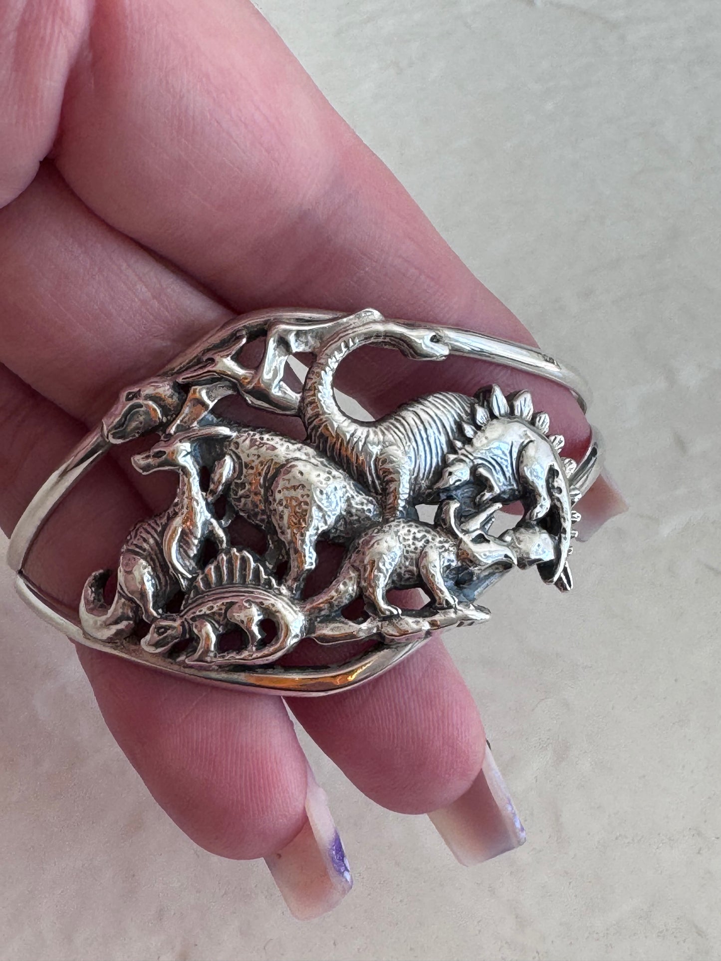 Estate Sterling Silver Dinosaur Kingdom Cuff | Prehistoric Scene Bracelet