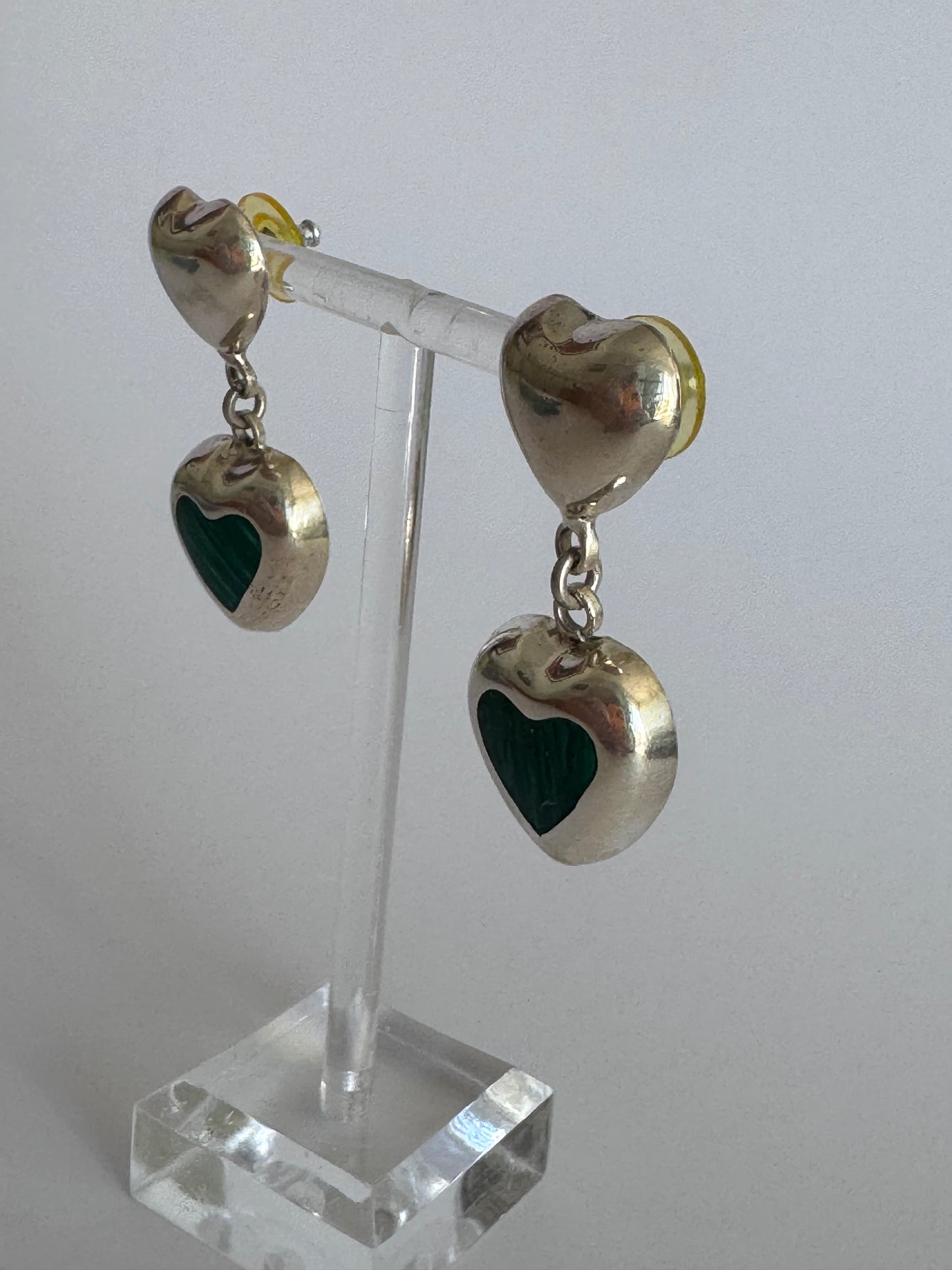 Estate Vintage Sterling Silver Malachite Heart Drop Earrings Double Heart Design