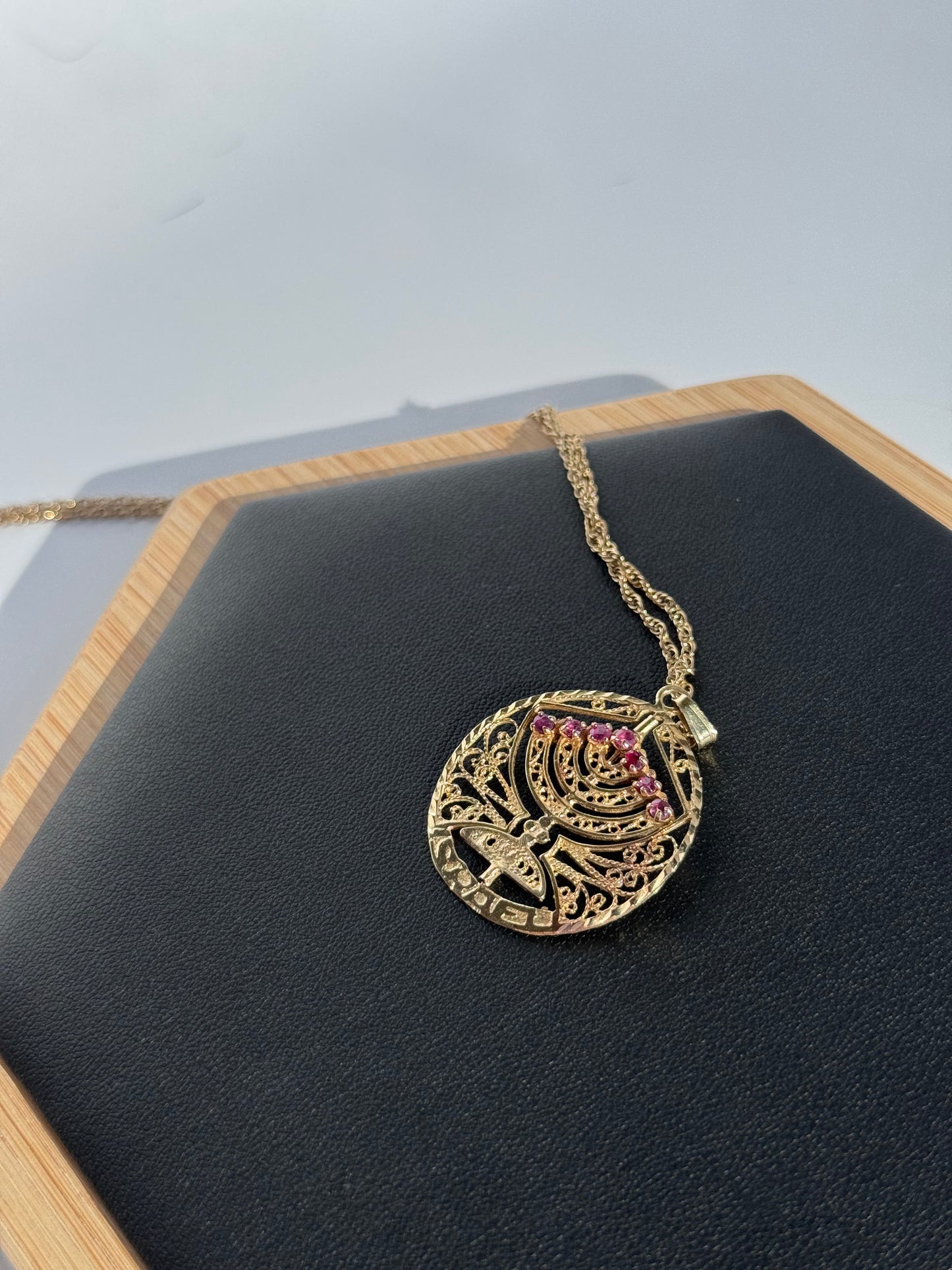 Vintage Spinning Menorah Pendant with Ruby and Turquoise Flames