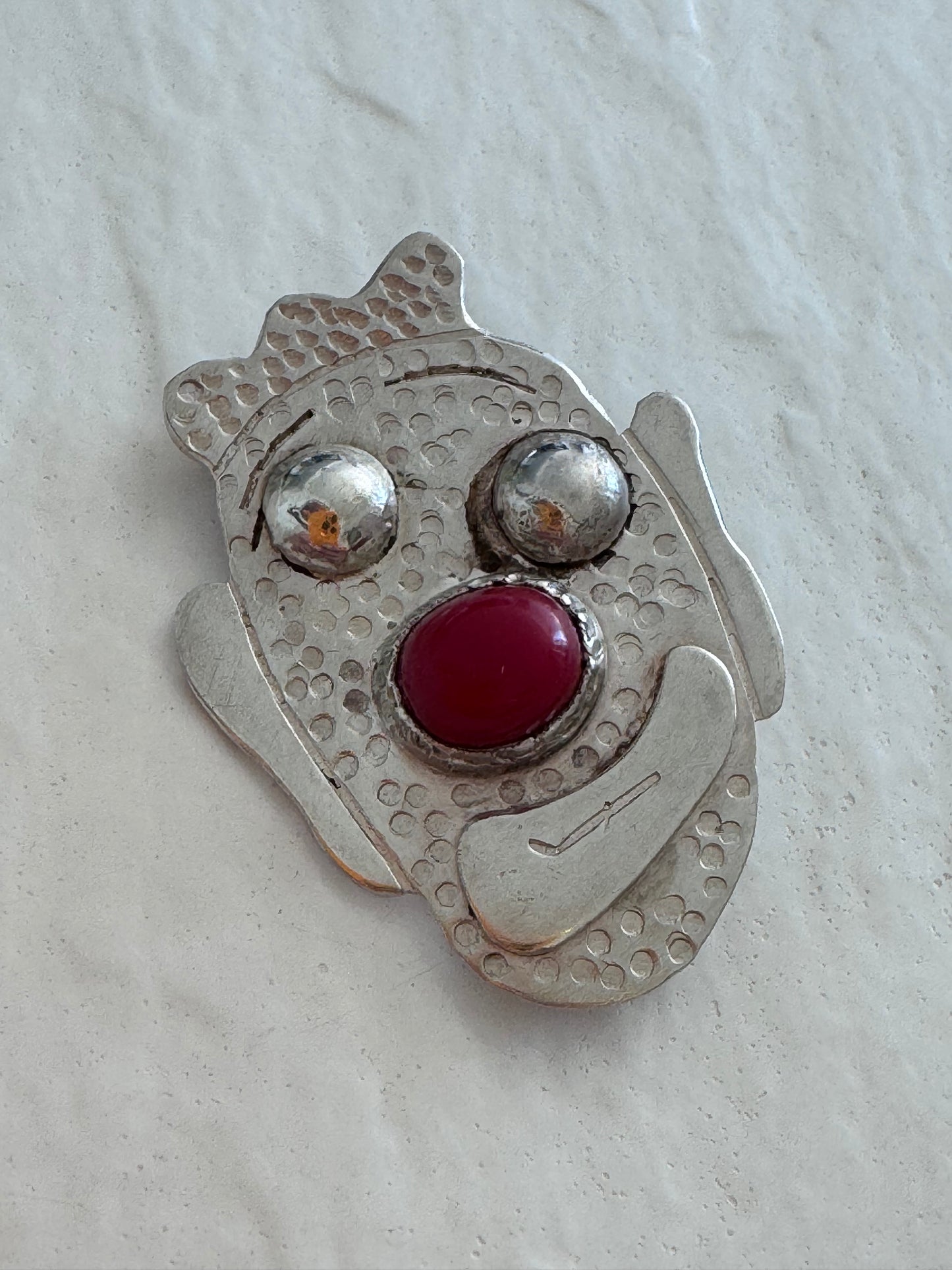 Sterling Silver Clown Face Pendant with Coral Nose - Native Made