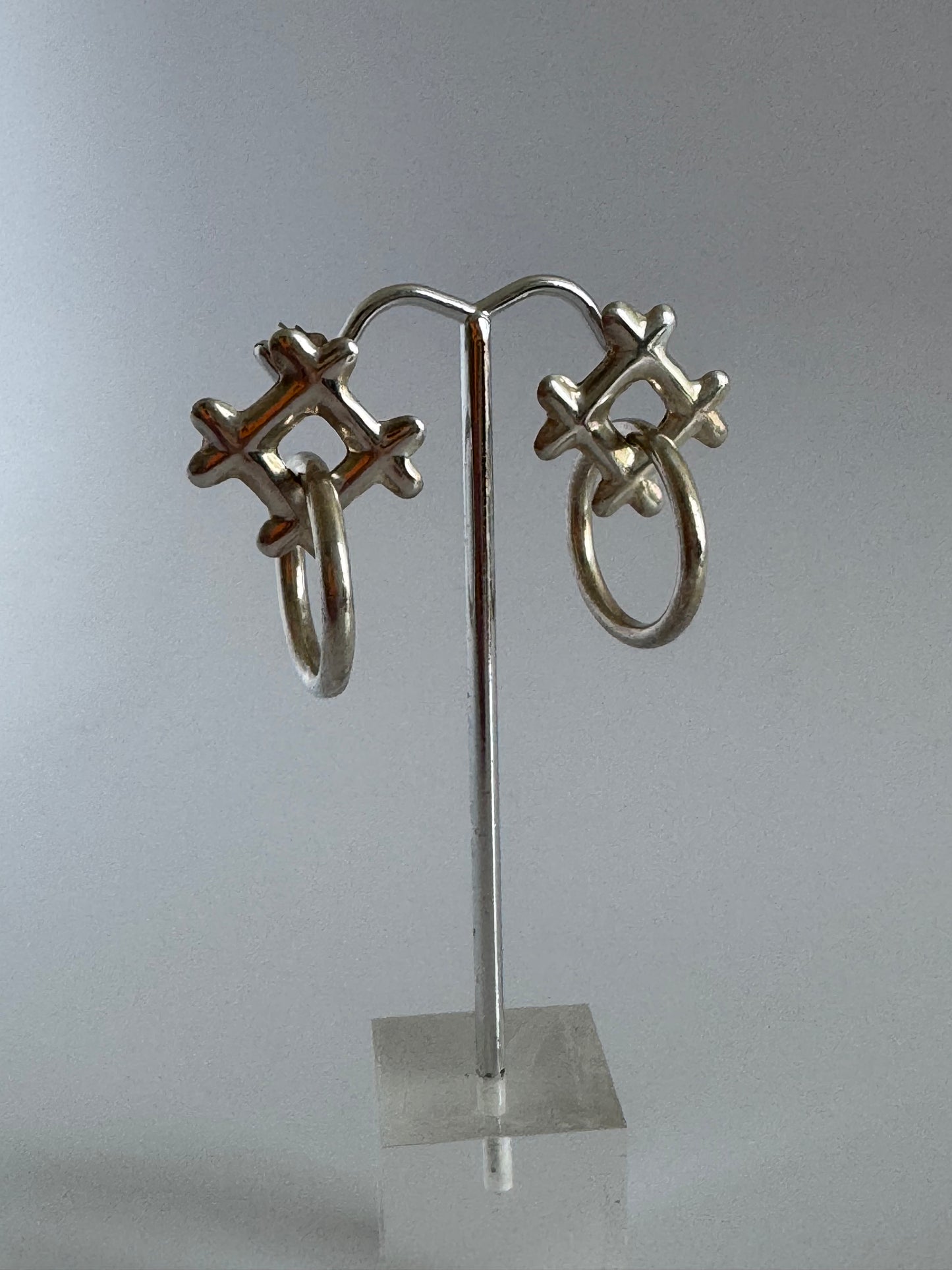 Estate Vintage 1980s Sterling Silver X's and O's Dangle Earrings Abstract Hugs Kisses Design