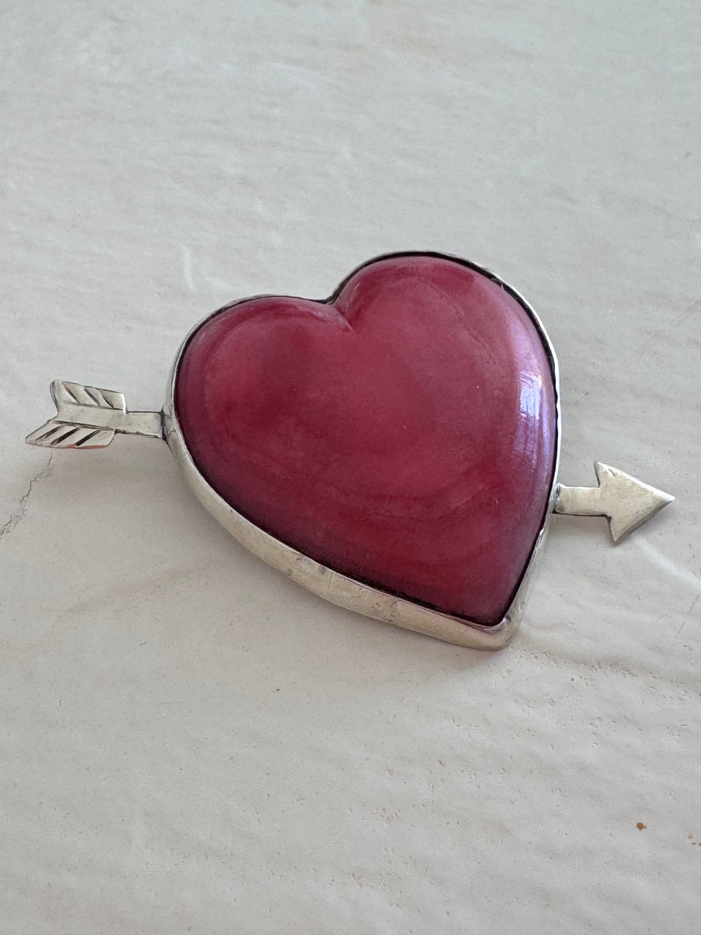 Estate Vintage Mexican Sterling Silver Rhodochrosite Heart Arrow Brooch Pin Pink Stone Valentine Love