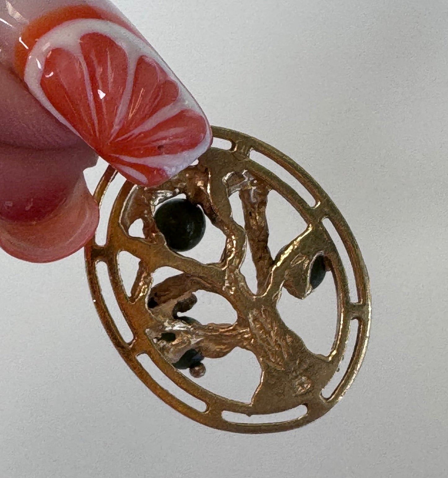 Mid century 14K gold Tree of Life charm pendant with jade accents, pierced branch design, vintage spiritual jewelry