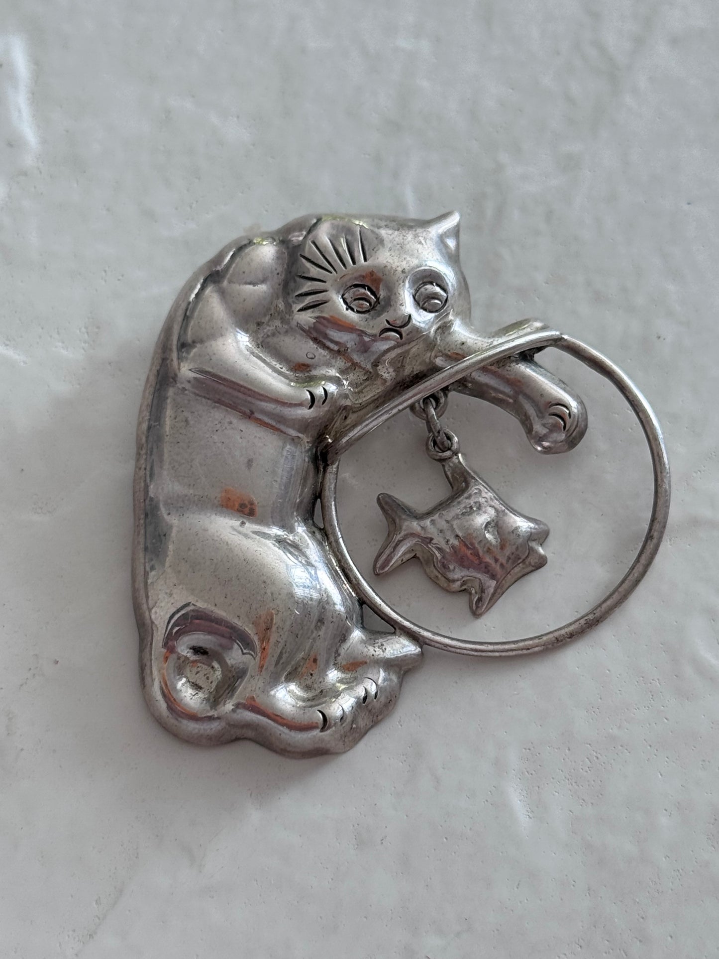 Estate Vintage Mexican Sterling Silver Cat with Fishbowl Brooch CII - Cat Ladies and Dads Rejoice!