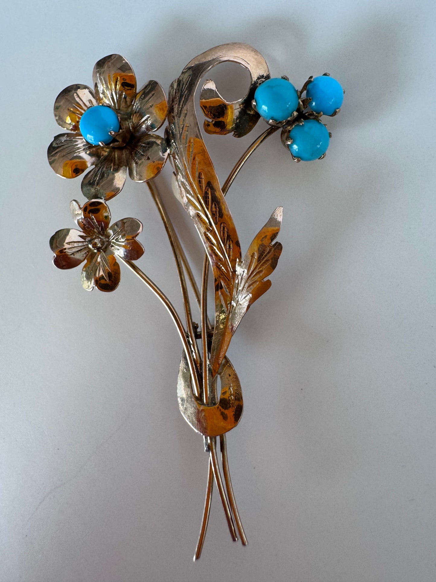 1940s estate rose gold floral brooch with turquoise cabochons, vintage dimensional flower pin jewelry