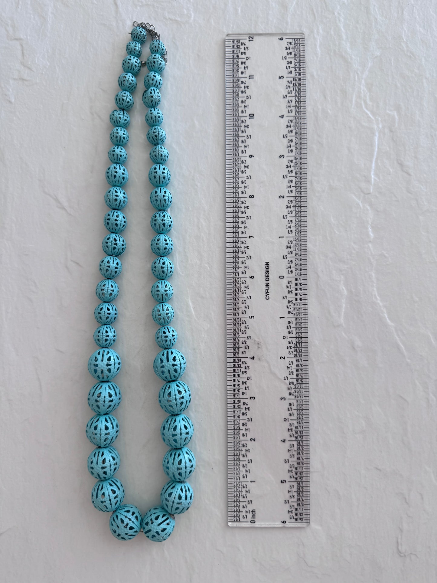 Vintage Turquoise Metal Filigree Bead Necklace Graduated