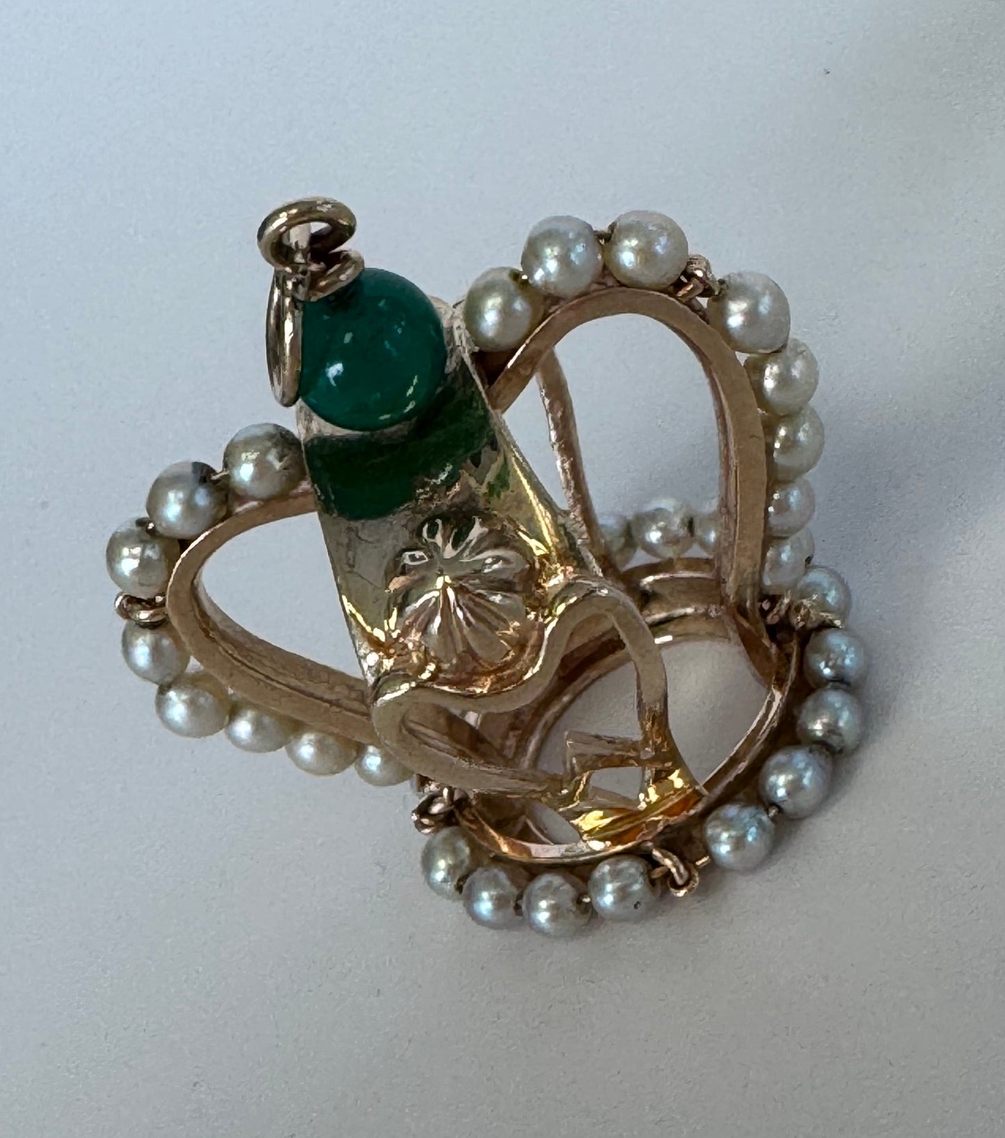Mid Century Vintage 14K Gold Crown Pendant Natural Jade Pearl Accents Royal Design
