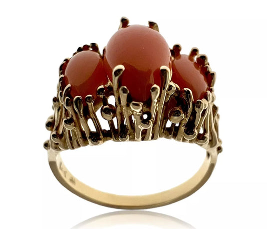 Vintage Estate 14K Gold Brutalist Coral Ring Mid Century Modern