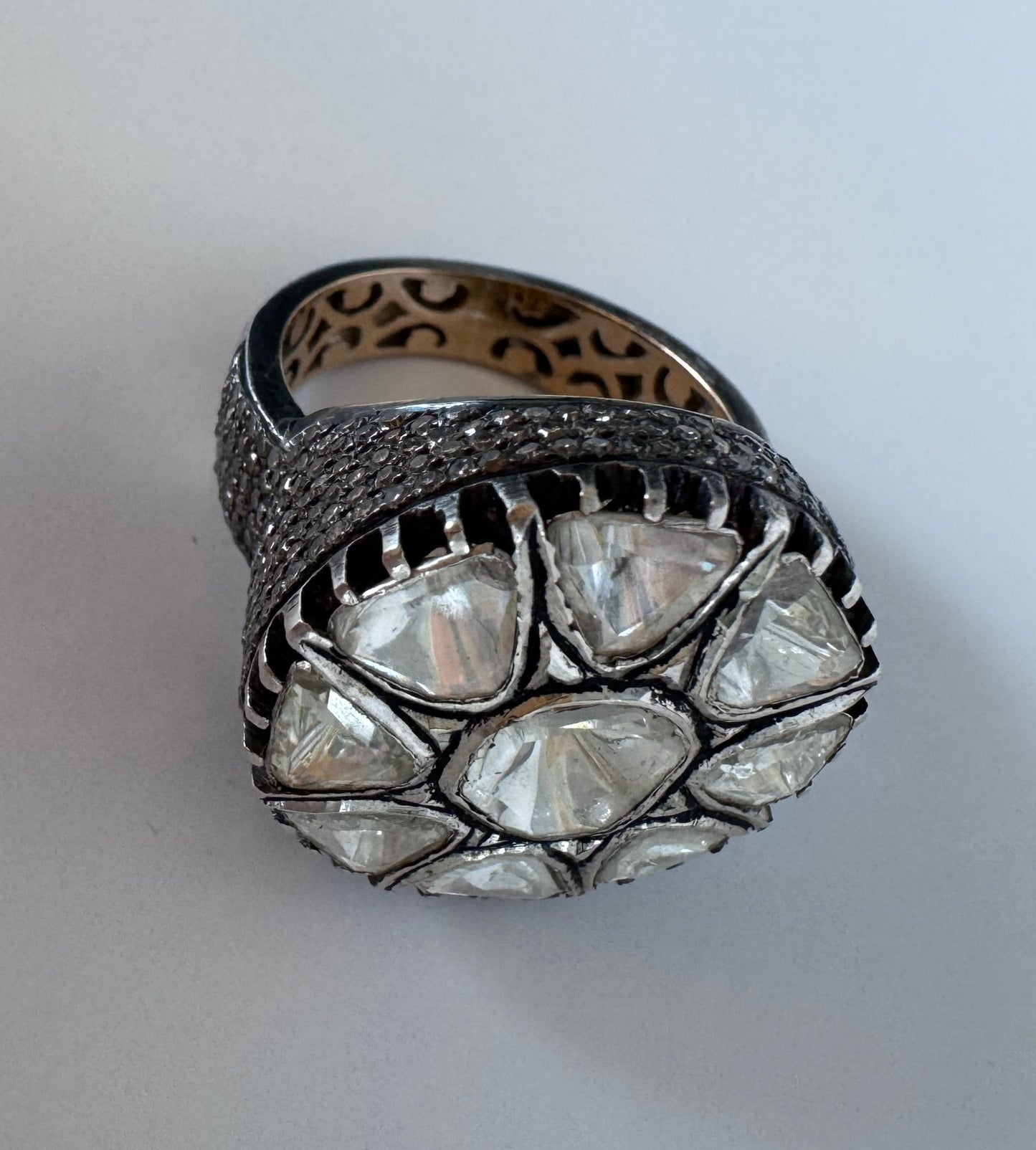 Estate sterling silver Polki rose cut diamond flower ring traditional Indian Mughal style uncut diamonds