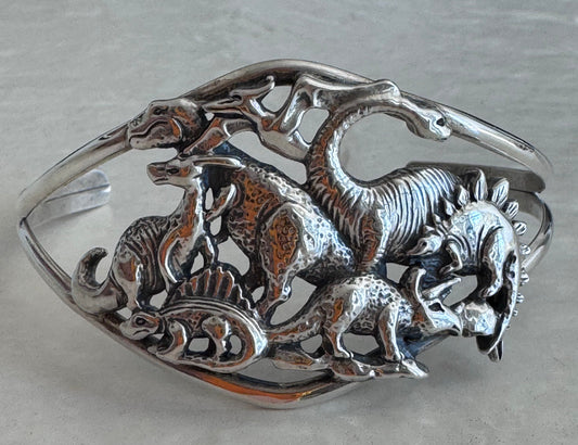 Estate Sterling Silver Dinosaur Kingdom Cuff | Prehistoric Scene Bracelet
