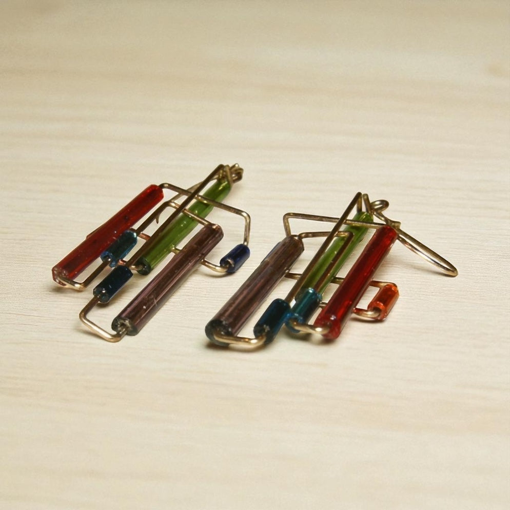 Estate Artist Made Modernist Mondrian 14K Gold Rainbow Maze Earrings