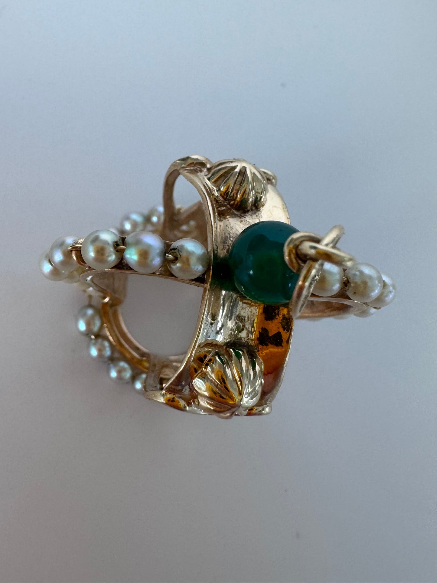 Mid Century Vintage 14K Gold Crown Pendant Natural Jade Pearl Accents Royal Design