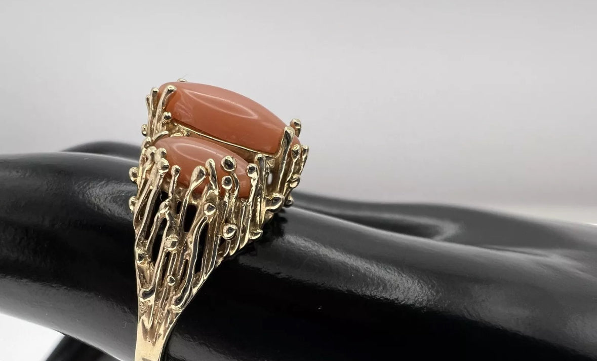 Vintage Estate 14K Gold Brutalist Coral Ring Mid Century Modern