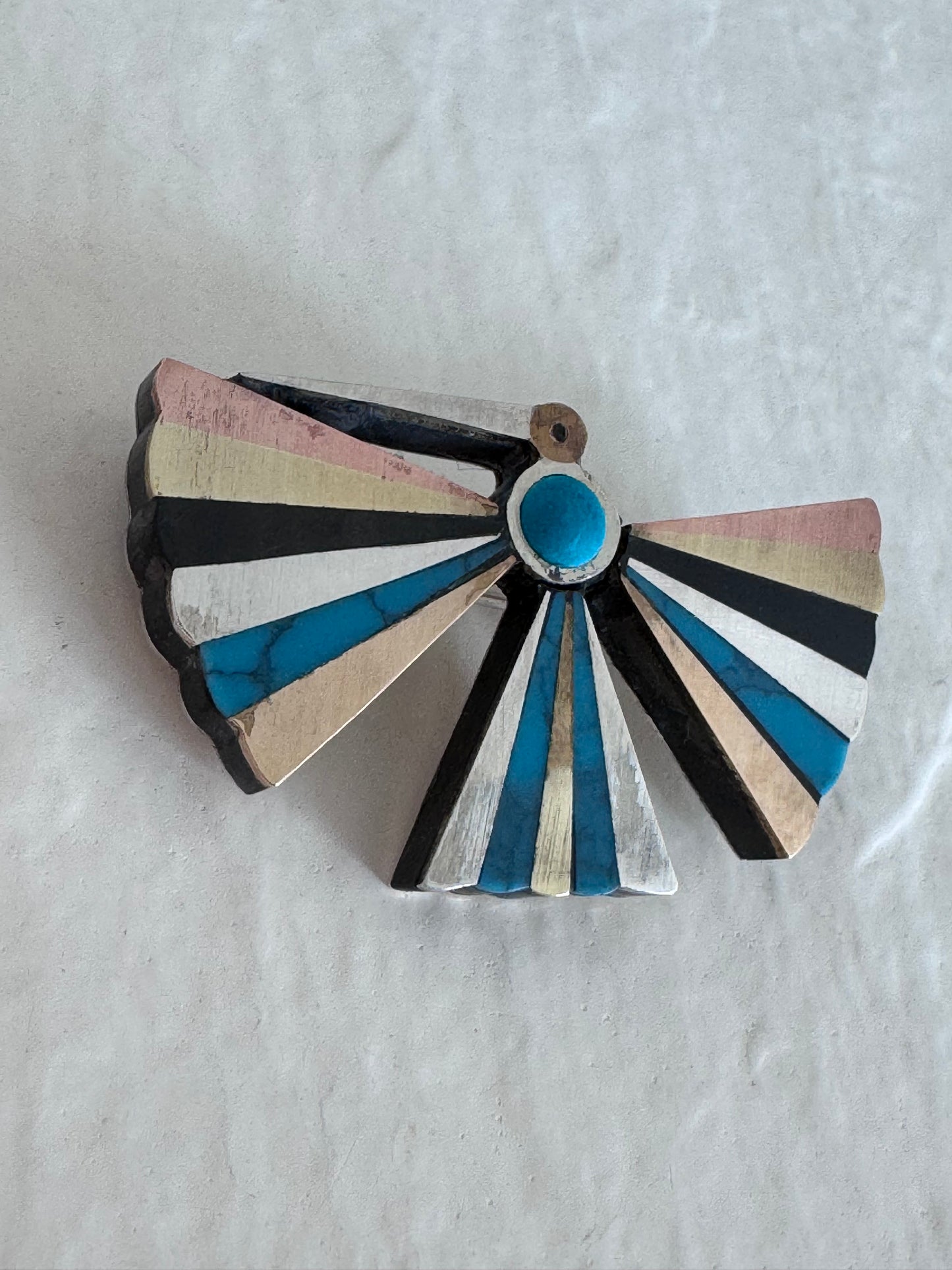 Vintage Estate Mexican Modernist Tono Piedra Negra Inlay Bird Brooch - Sterling Silver