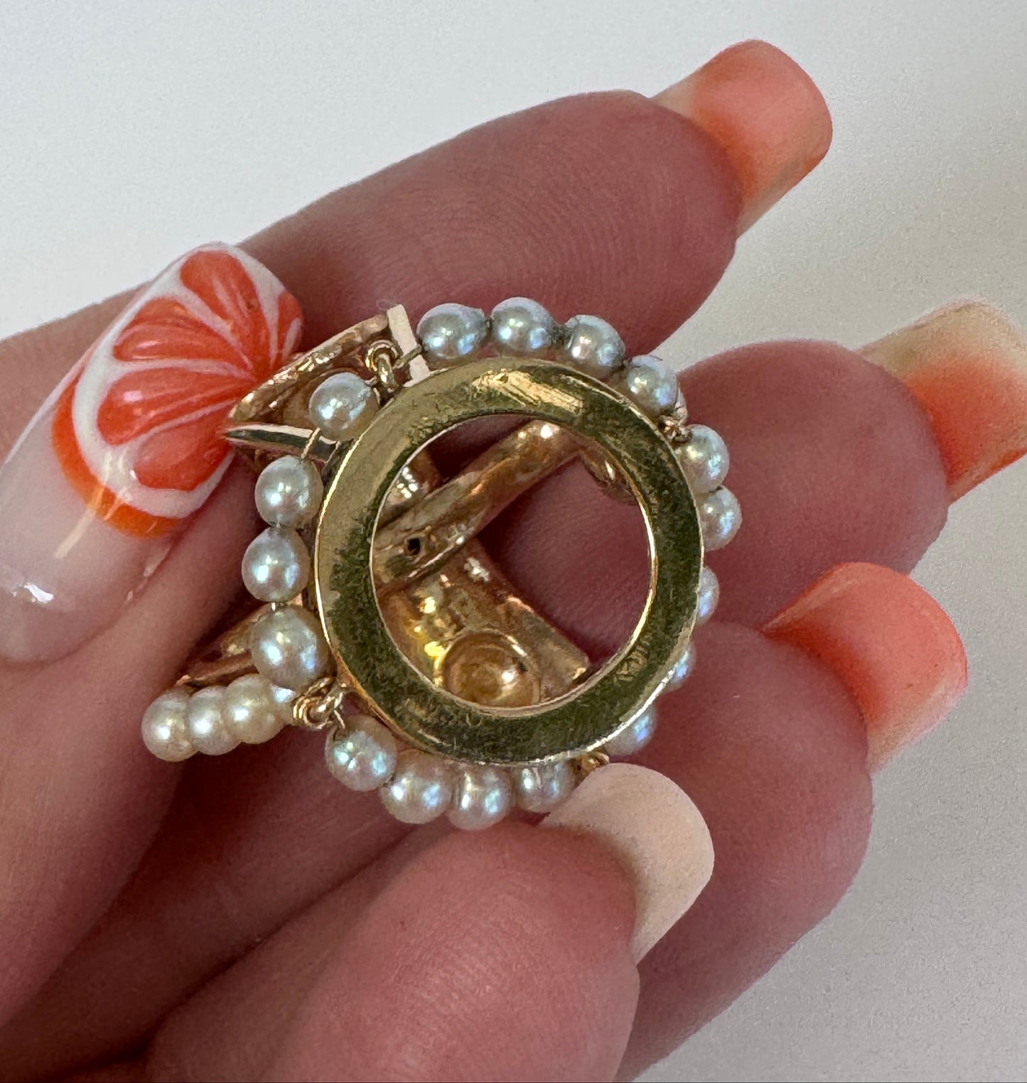 Mid Century Vintage 14K Gold Crown Pendant Natural Jade Pearl Accents Royal Design