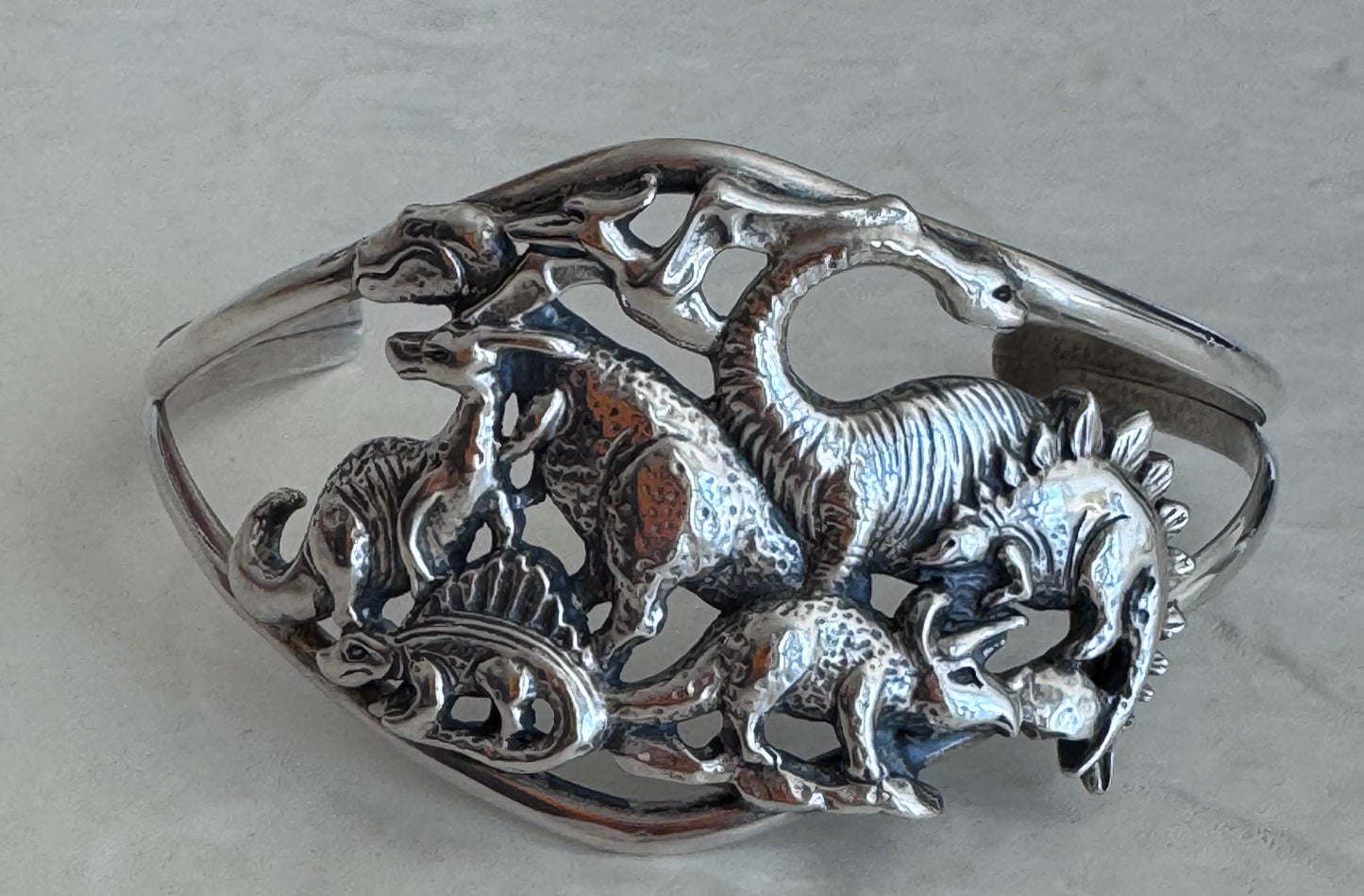 Estate Sterling Silver Dinosaur Kingdom Cuff | Prehistoric Scene Bracelet
