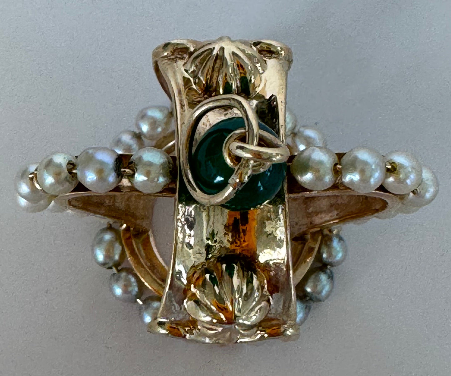 Mid Century Vintage 14K Gold Crown Pendant Natural Jade Pearl Accents Royal Design