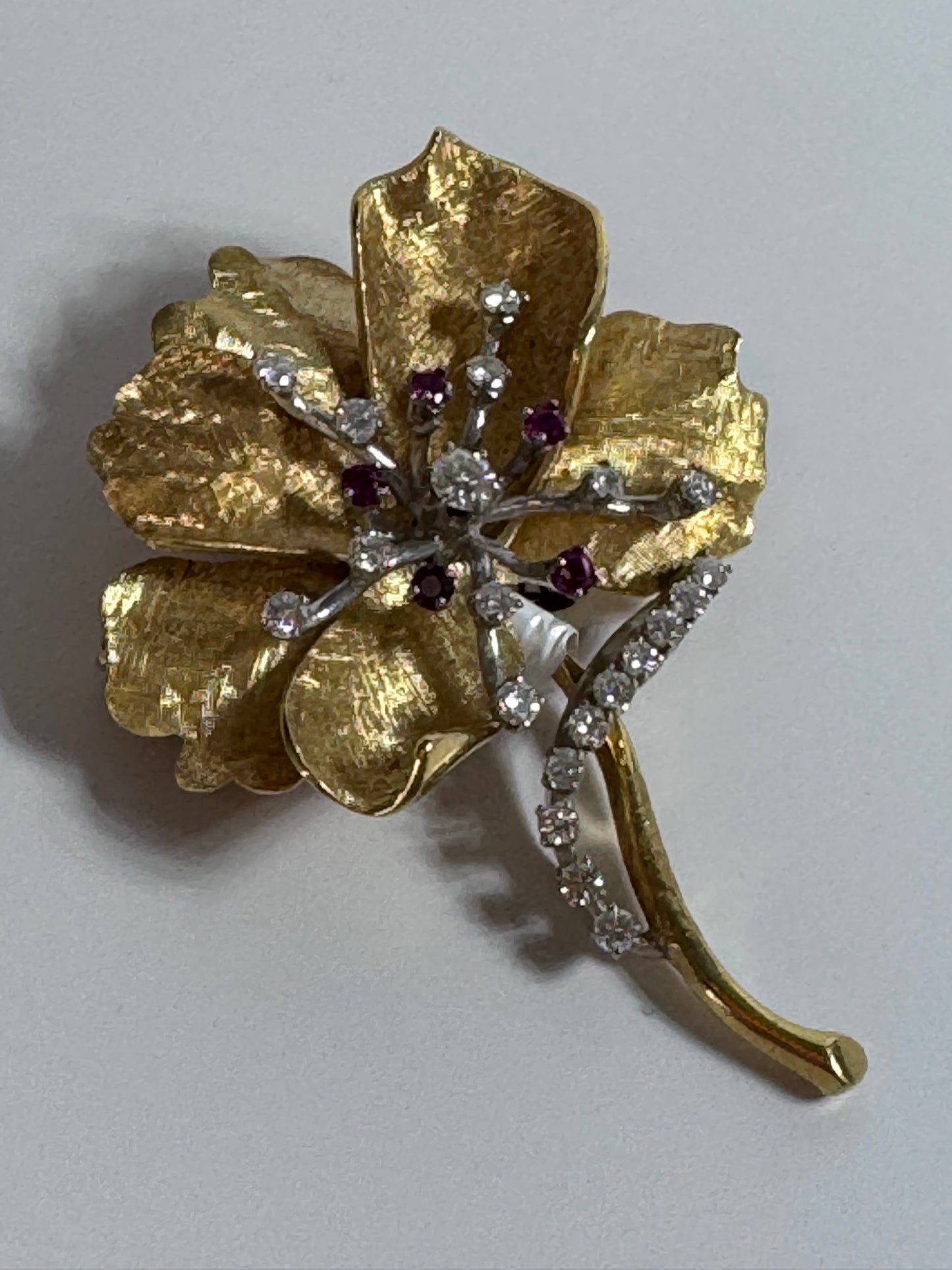Estate 1950s 18K gold ruby diamond flower brooch with hand engraved petals and dual pin pendant functionality