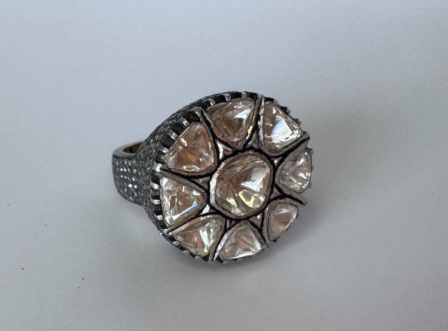 Estate sterling silver Polki rose cut diamond flower ring traditional Indian Mughal style uncut diamonds