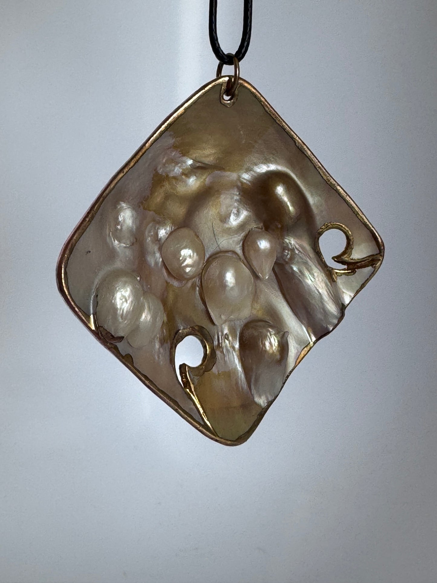 Vintage Large Square Blister Pearl & Mother of Pearl Pendant Necklace - Natural Pearl with Gold Foil Edges